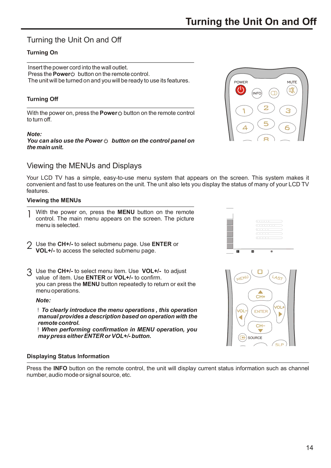 Sanyo AVL-193, AVL-191 instruction manual Turning the Unit On and Off, Viewing the MENUs and Displays 