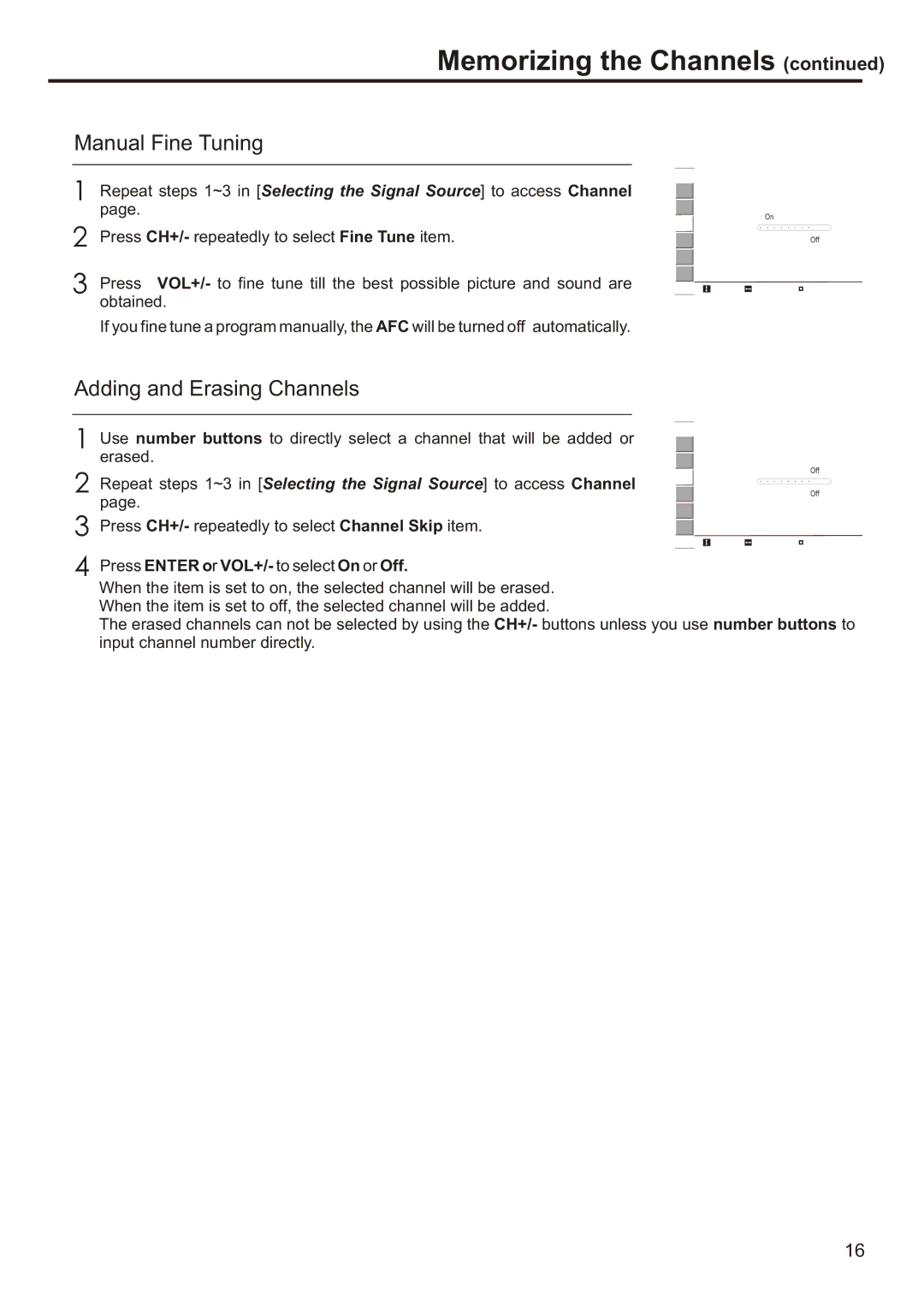 Sanyo AVL-193, AVL-191 instruction manual Manual Fine Tuning, Adding and Erasing Channels 