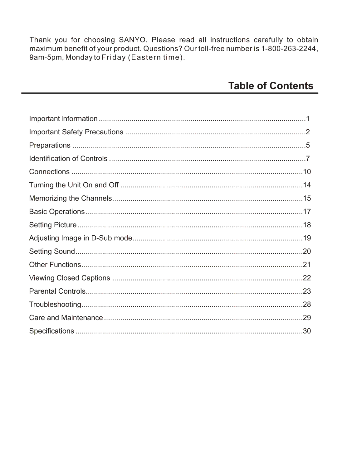 Sanyo AVL-193, AVL-191 instruction manual Table of Contents 