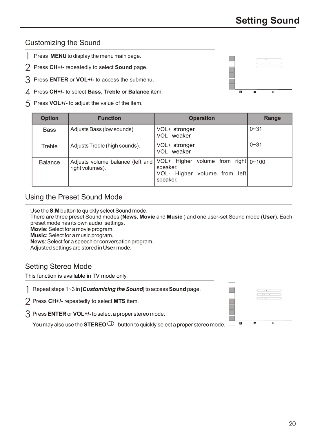 Sanyo AVL-193, AVL-191 Setting Sound, Customizing the Sound, Using the Preset Sound Mode, Setting Stereo Mode 