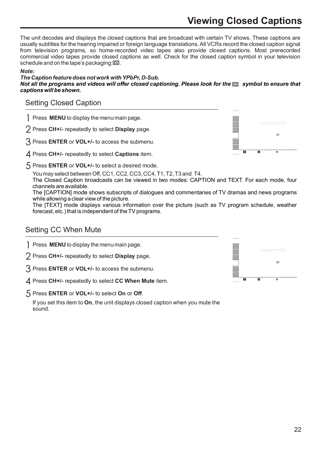 Sanyo AVL-193, AVL-191 instruction manual Viewing Closed Captions, Setting Closed Caption, Setting CC When Mute 