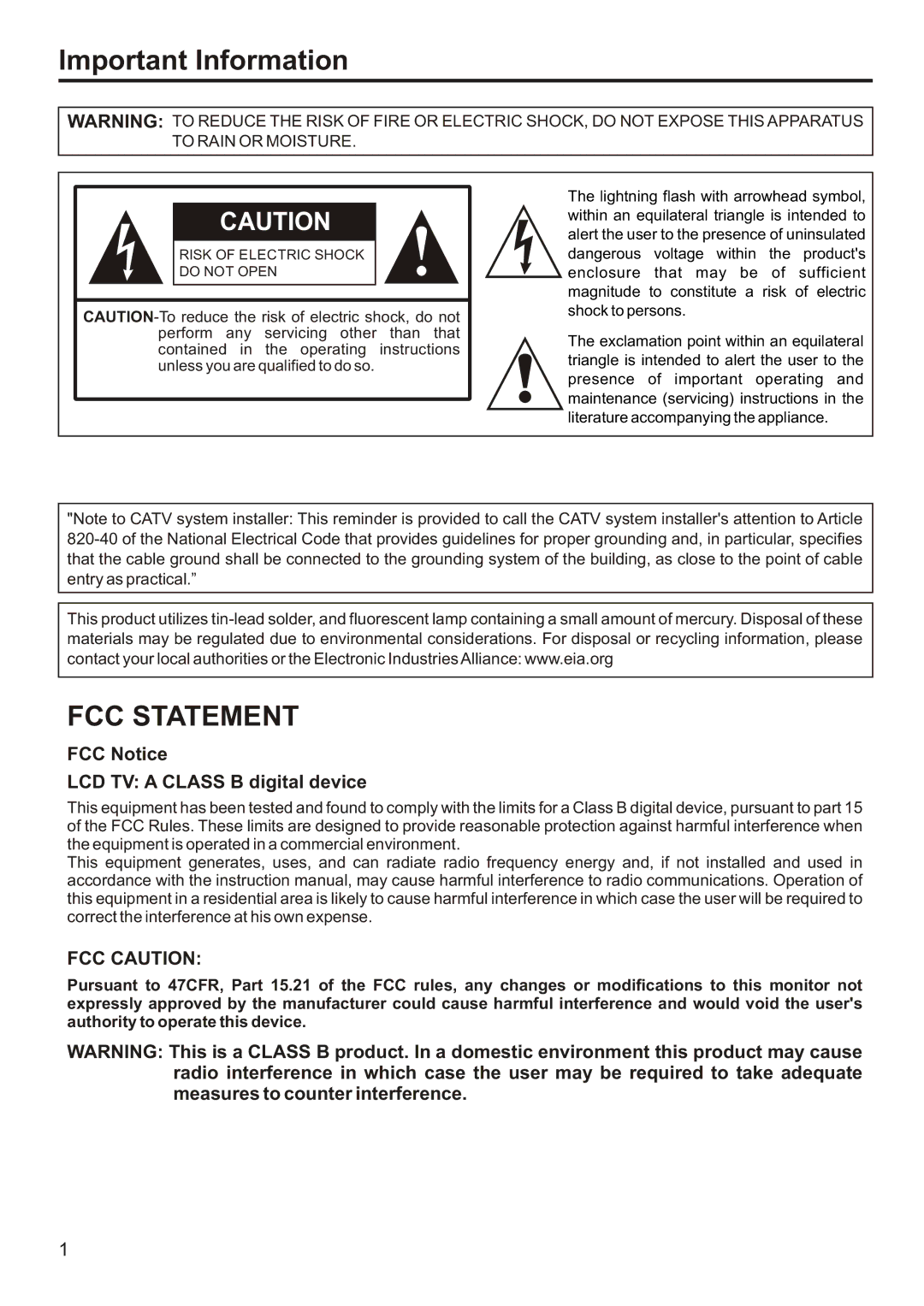 Sanyo AVL-191, AVL-193 instruction manual Important Information, FCC Notice LCD TV a Class B digital device 