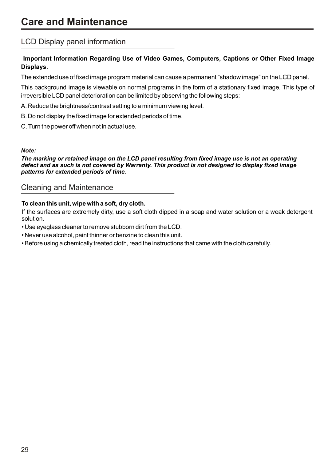 Sanyo AVL-191, AVL-193 instruction manual Care and Maintenance, LCD Display panel information, Cleaning and Maintenance 