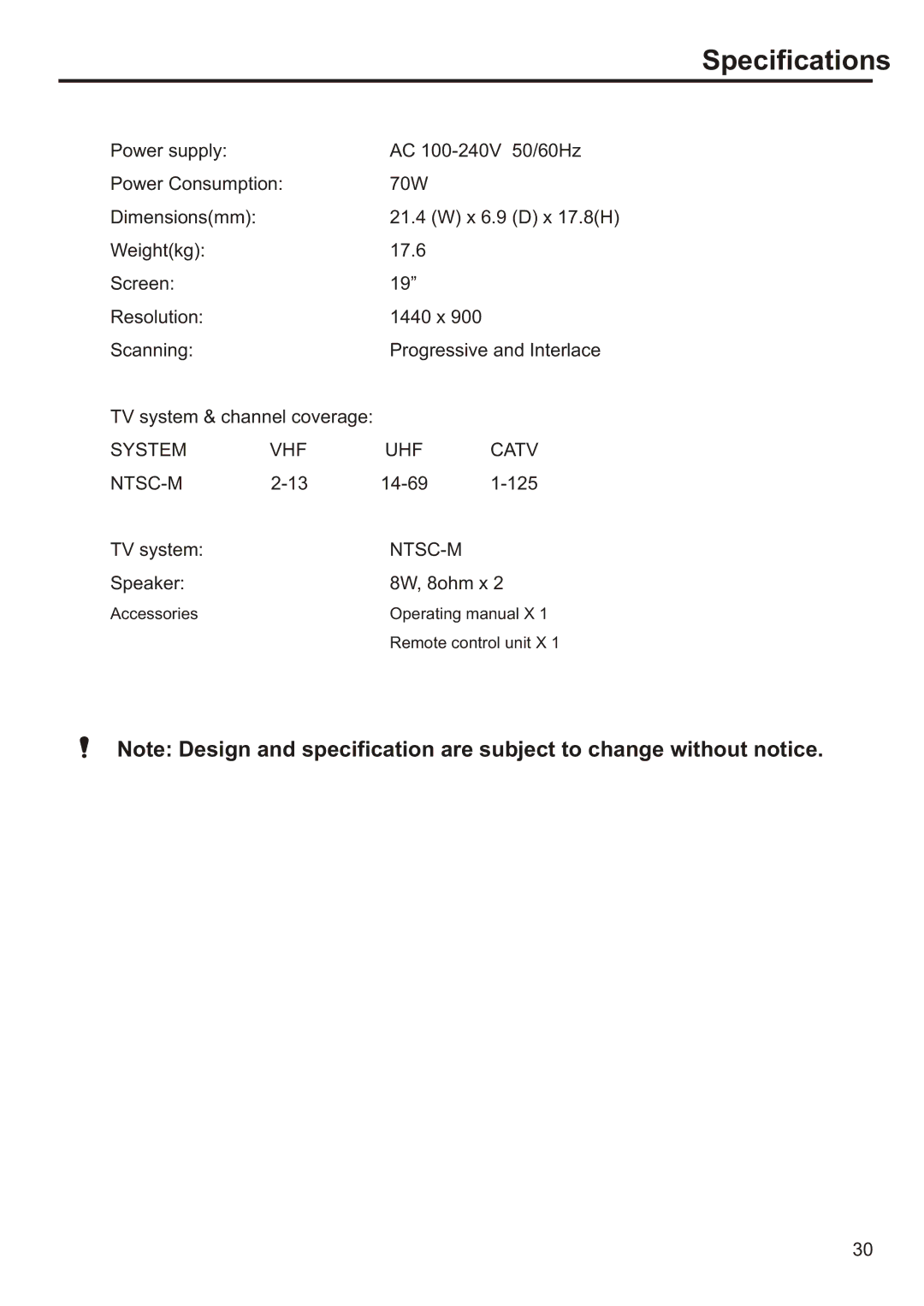 Sanyo AVL-193, AVL-191 instruction manual Specifications, Accessories Operating manual X Remote control unit X 