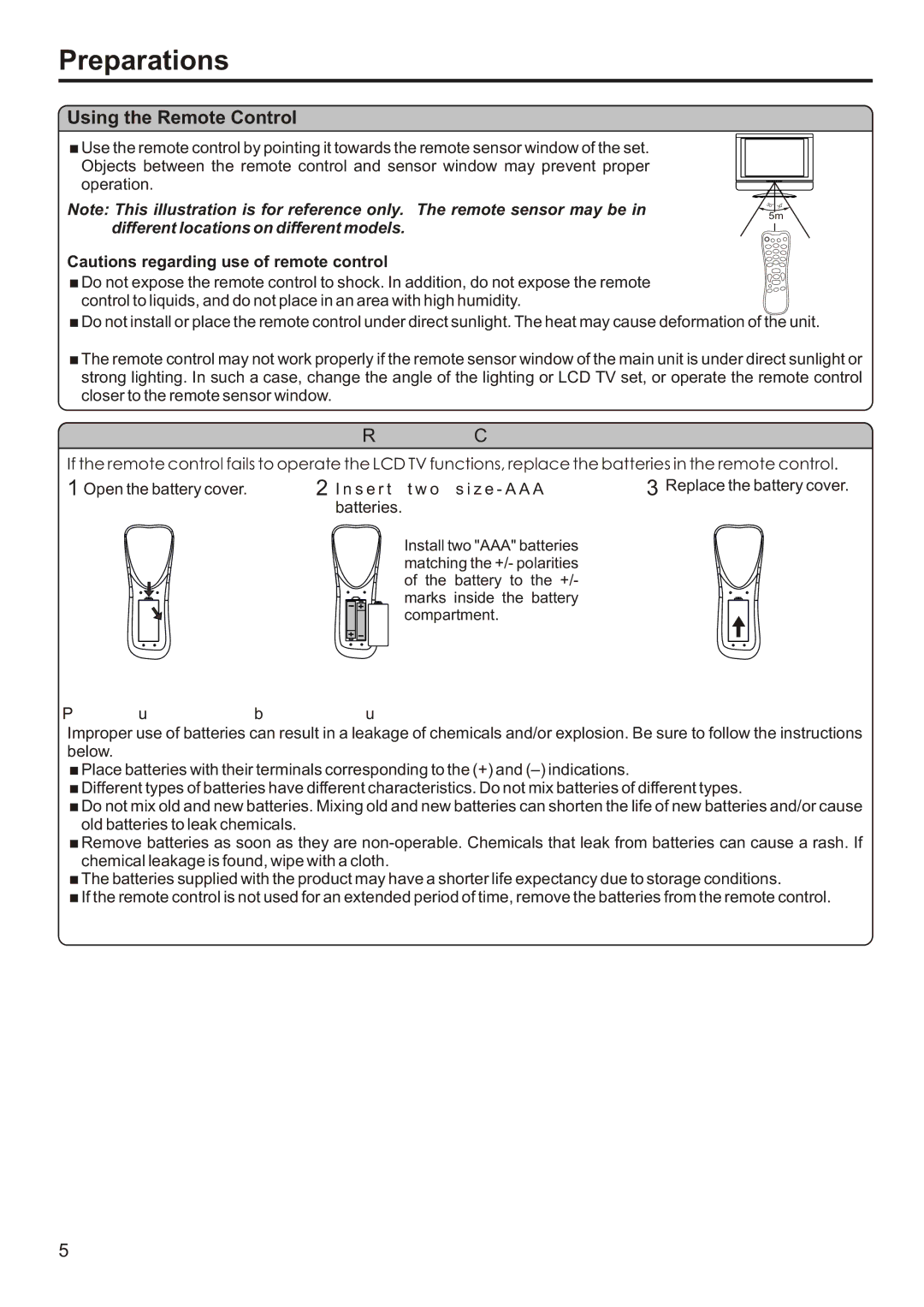 Sanyo AVL-191 Preparations, Using the Remote Control, Open the battery cover N s e r t t w o s i z e a a a, Batteries 