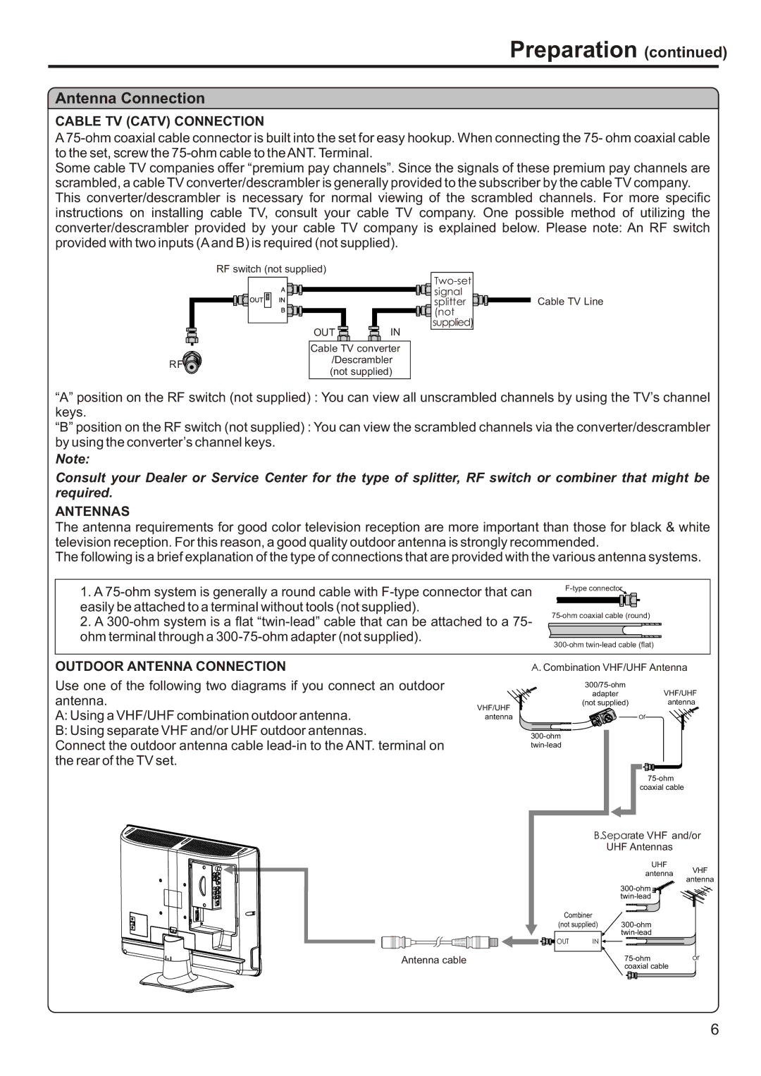 Sanyo AVL-193, AVL-191 instruction manual Preparation, Antenna Connection 