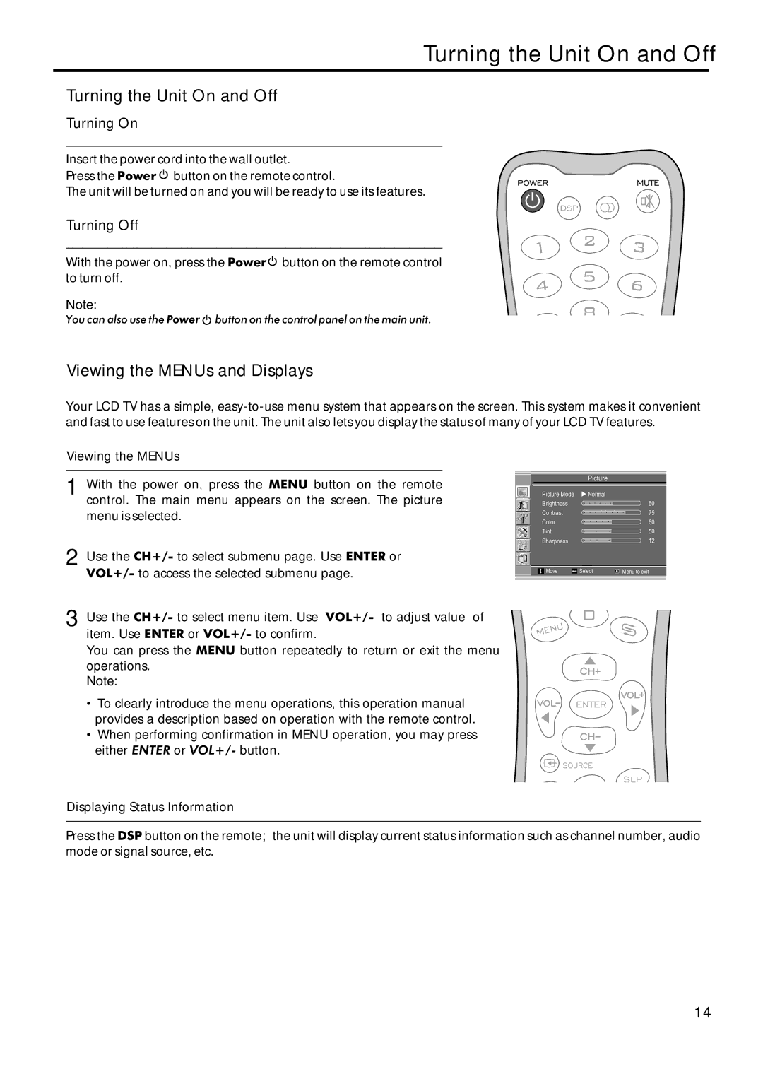 Sanyo AVL-209 instruction manual Turning the Unit On and Off, Viewing the MENUs and Displays 