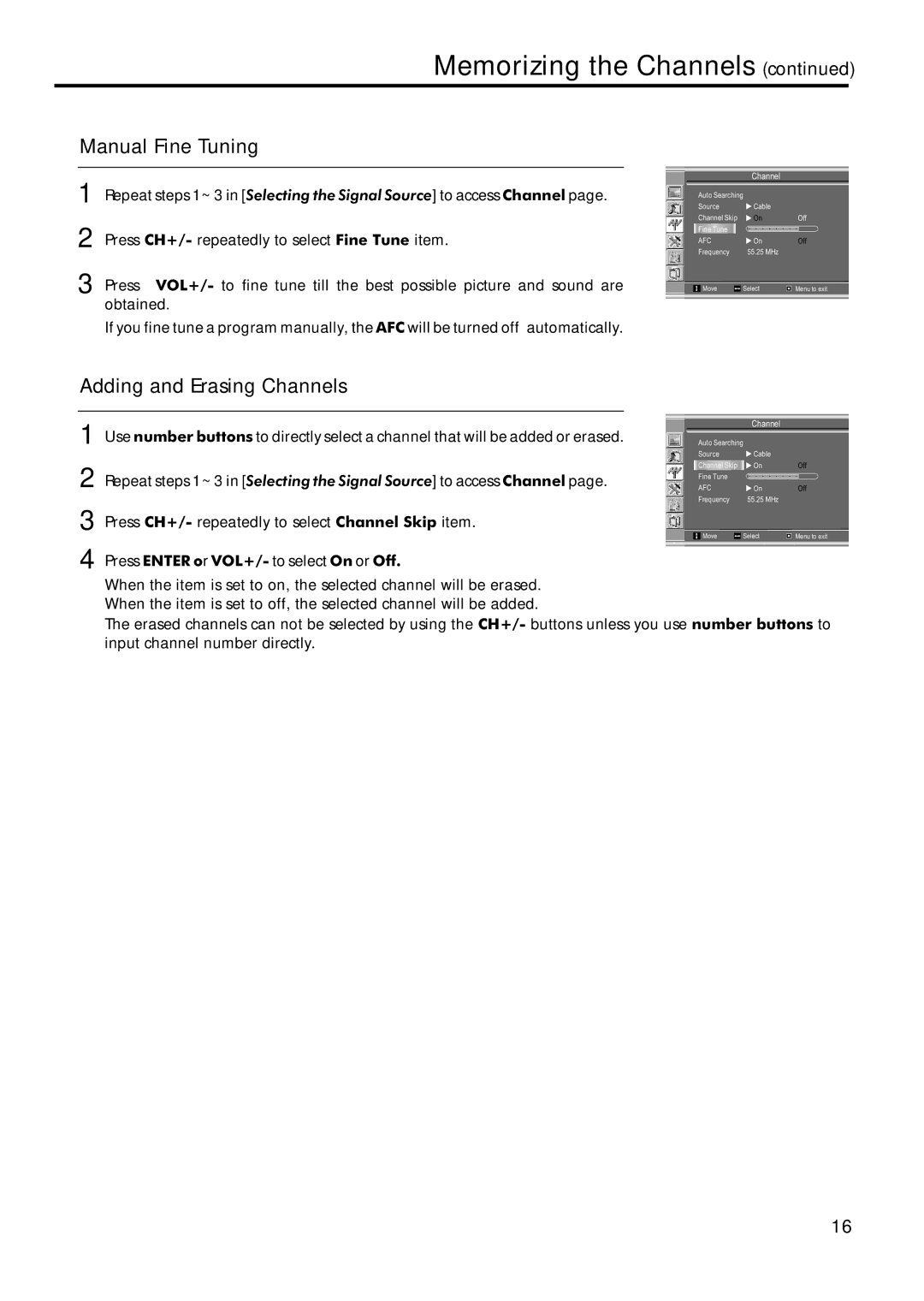 Sanyo AVL-209 instruction manual Manual Fine Tuning, Adding and Erasing Channels 