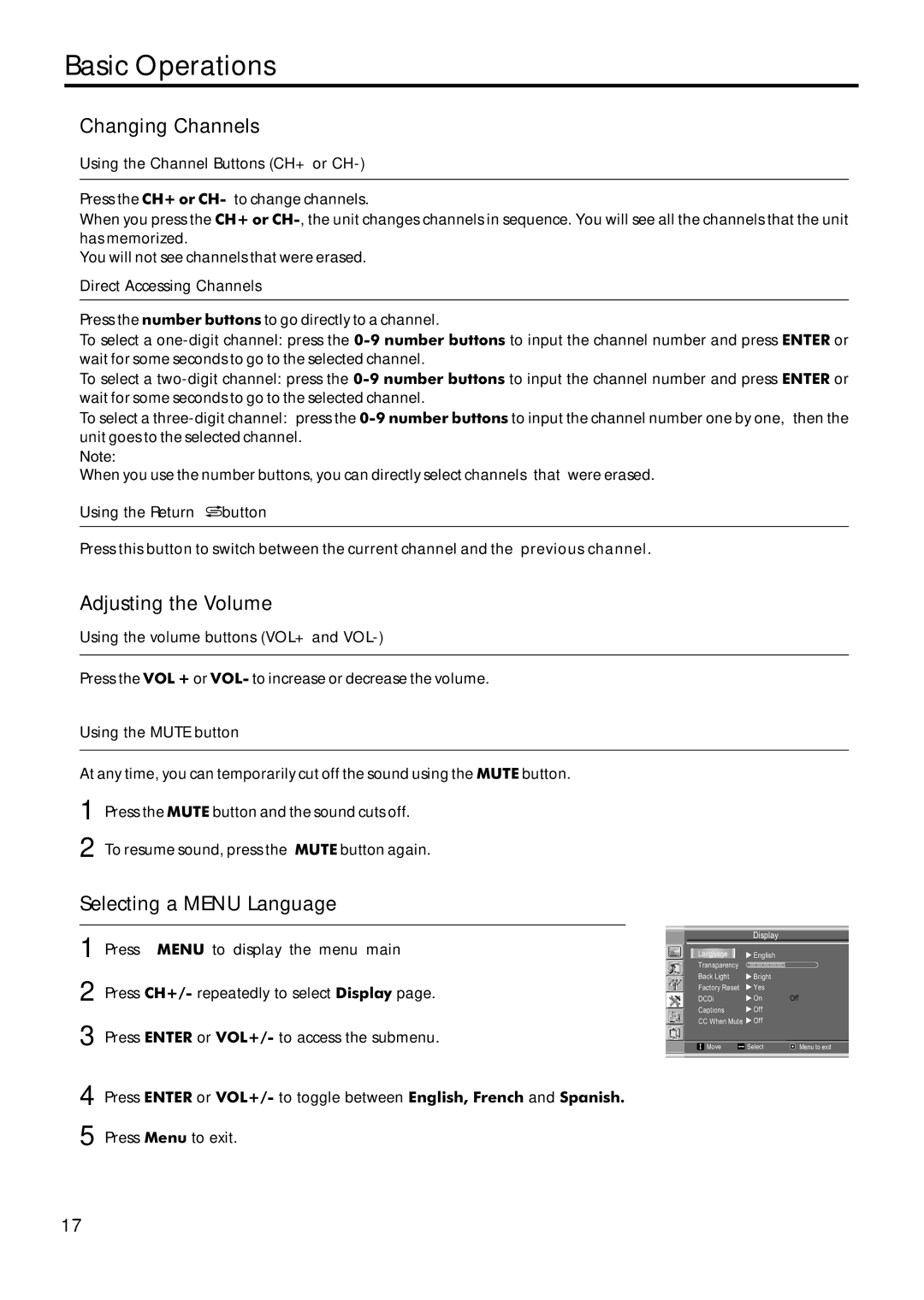 Sanyo AVL-209 instruction manual Basic Operations, Changing Channels, Adjusting the Volume, Selecting a Menu Language 