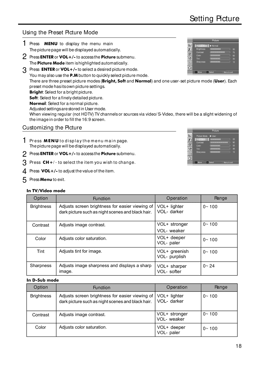 Sanyo AVL-209 Setting Picture, Using the Preset Picture Mode, Customizing the Picture, TV/Video mode, D-Sub mode 