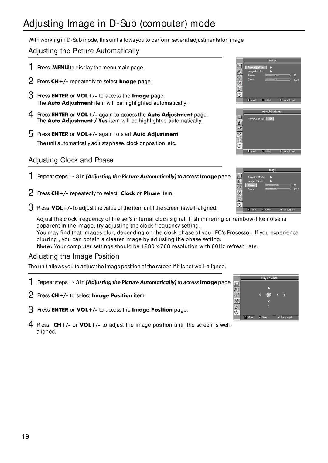 Sanyo AVL-209 Adjusting Image in D-Sub computer mode, Adjusting the Picture Automatically, Adjusting Clock and Phase 