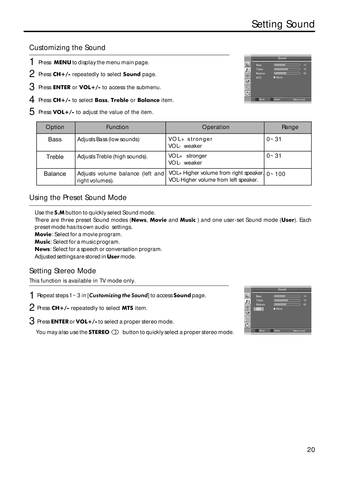 Sanyo AVL-209 instruction manual Setting Sound, Customizing the Sound, Using the Preset Sound Mode, Setting Stereo Mode 