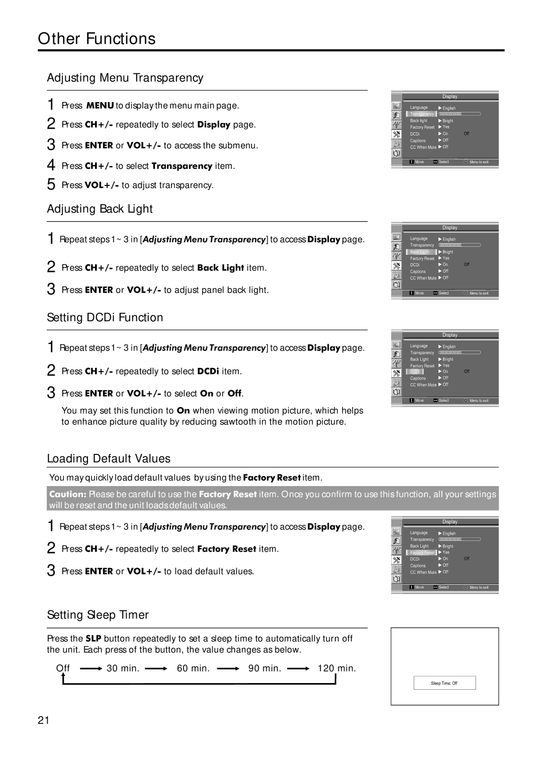 Sanyo AVL-209 instruction manual Other Functions, Adjusting Menu Transparency, Adjusting Back Light 