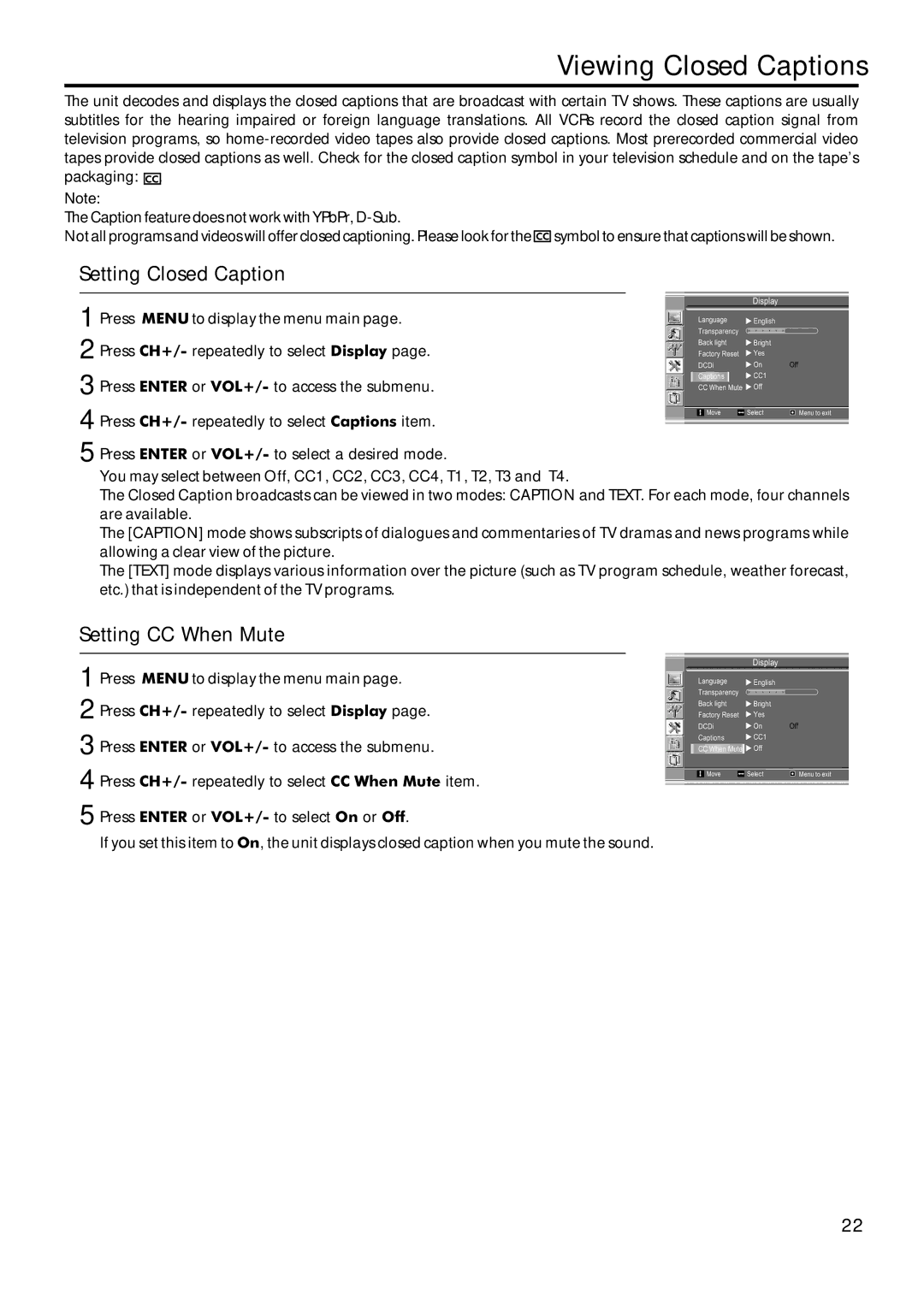 Sanyo AVL-209 instruction manual Viewing Closed Captions, Setting Closed Caption, Setting CC When Mute 