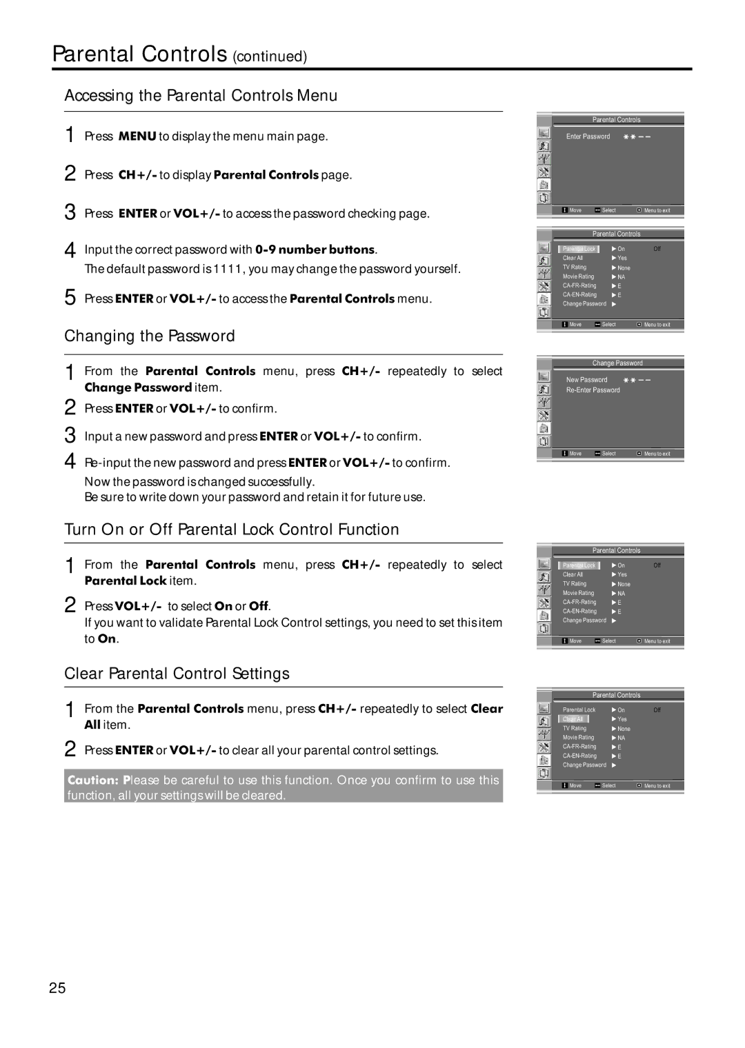 Sanyo AVL-209 Accessing the Parental Controls Menu, Changing the Password, Turn On or Off Parental Lock Control Function 