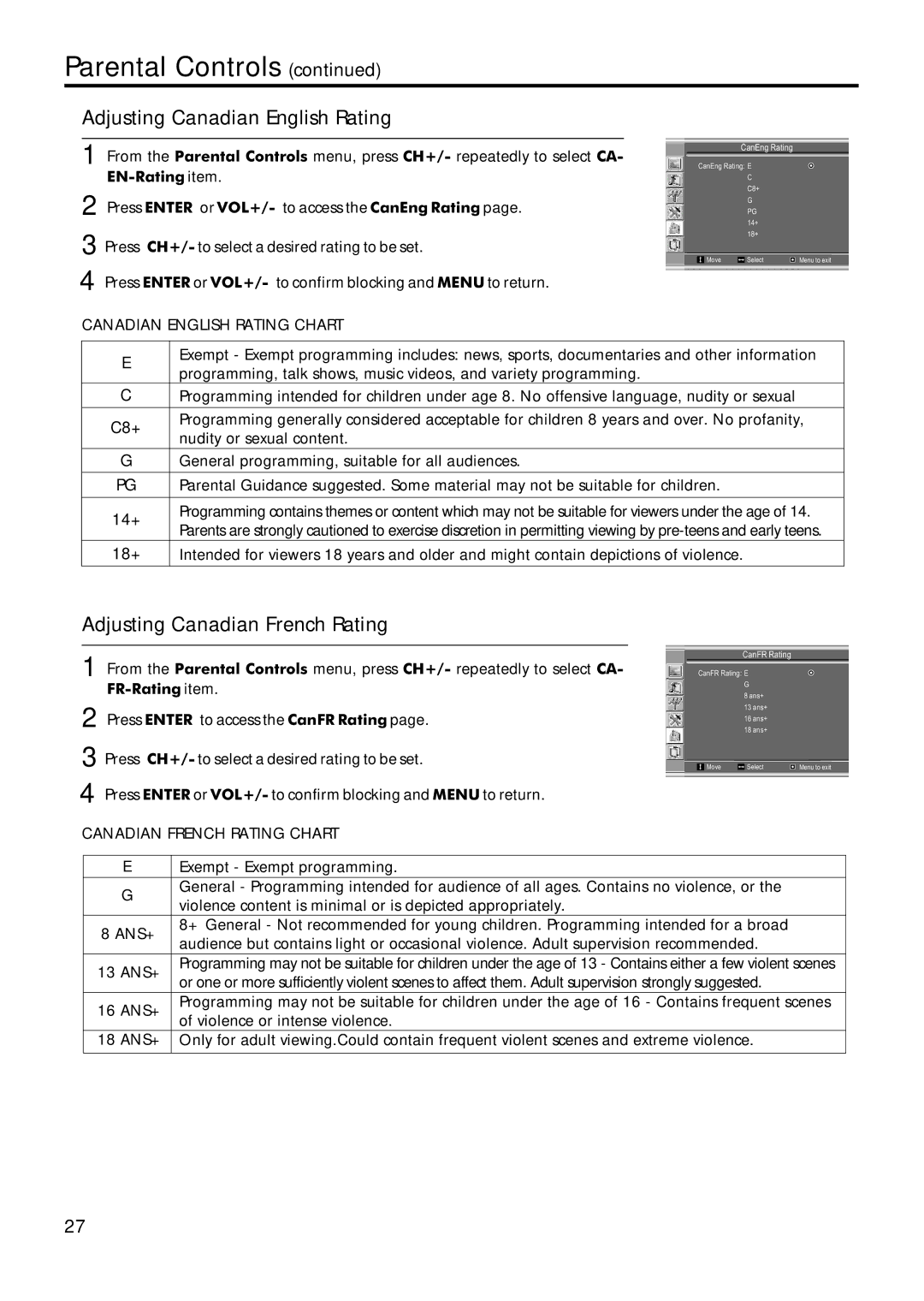 Sanyo AVL-209 Adjusting Canadian English Rating, Adjusting Canadian French Rating, EN-Rating item, FR-Rating item 