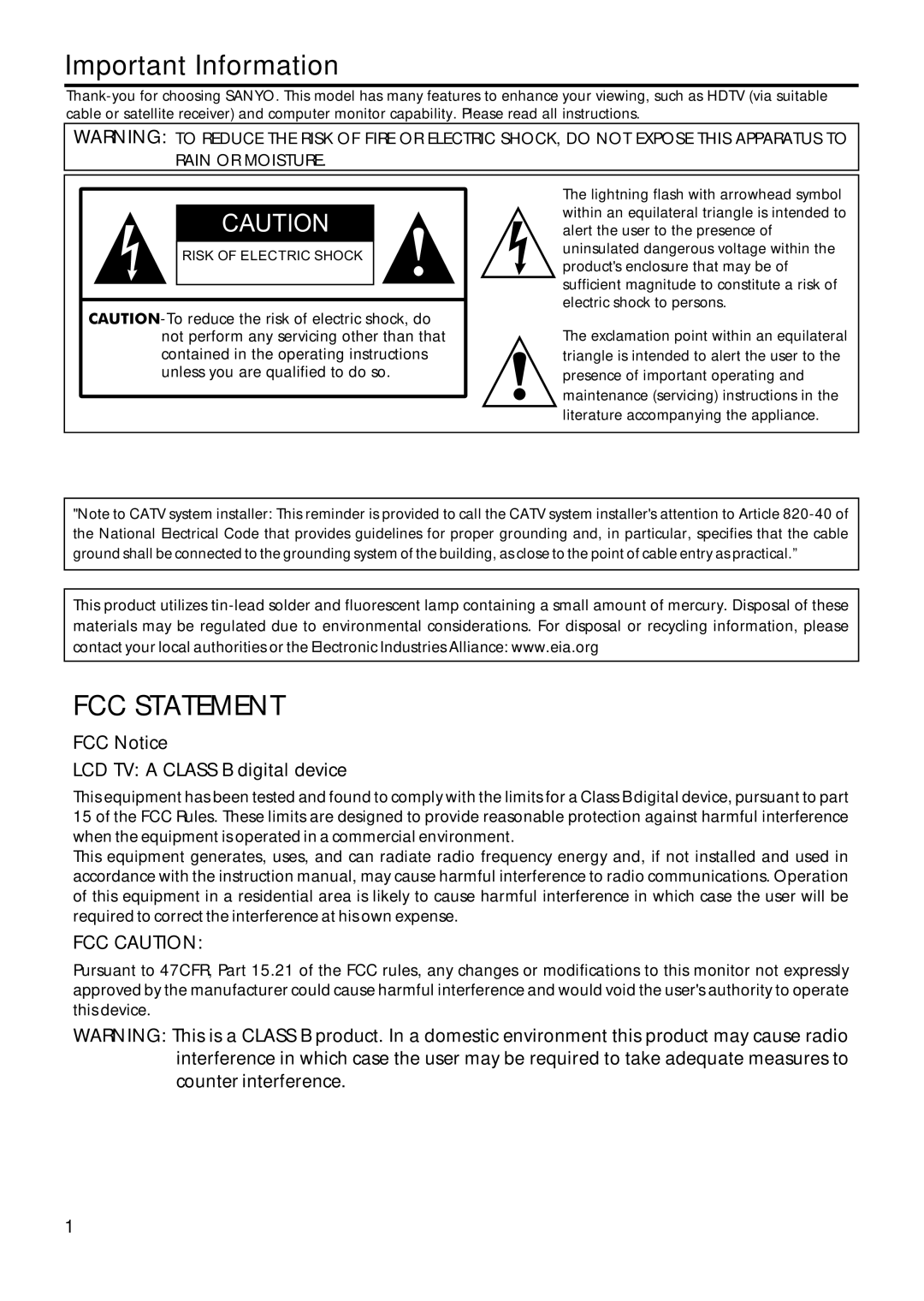 Sanyo AVL-209 instruction manual Important Information, FCC Notice LCD TV a Class B digital device 