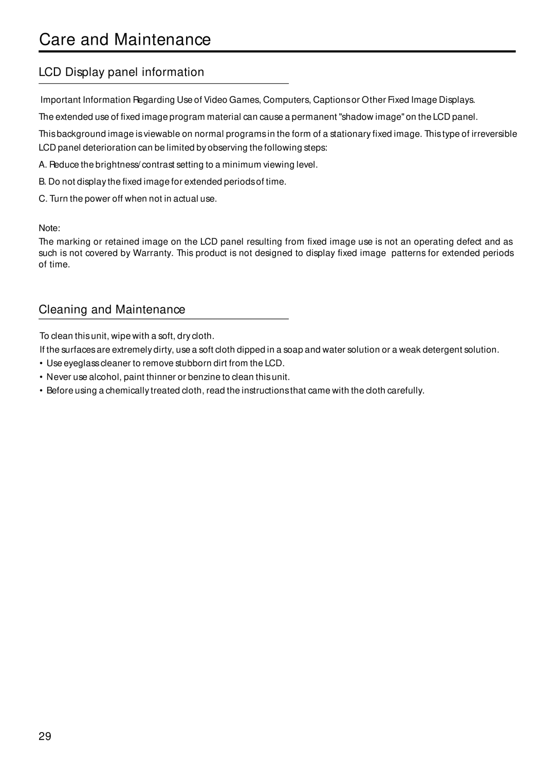 Sanyo AVL-209 instruction manual Care and Maintenance, LCD Display panel information, Cleaning and Maintenance 