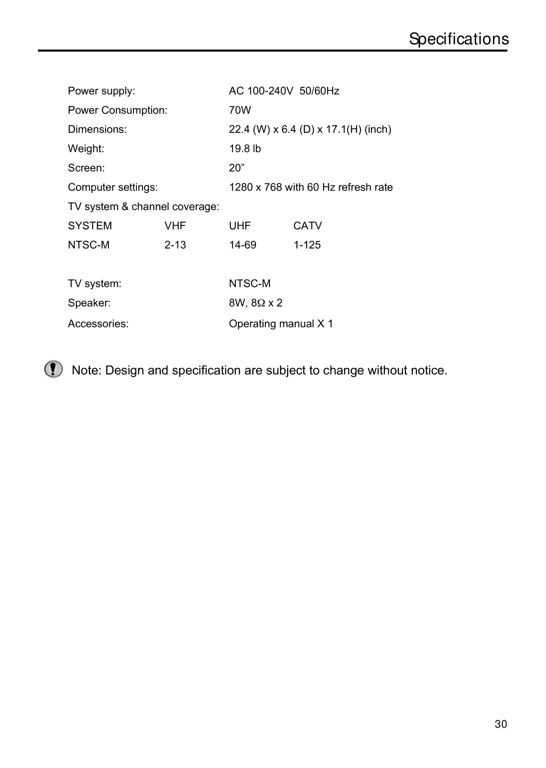 Sanyo AVL-209 instruction manual Specifications, 14-69 125 TV system, Speaker 8W, 8 Ω x Accessories Operating manual X 