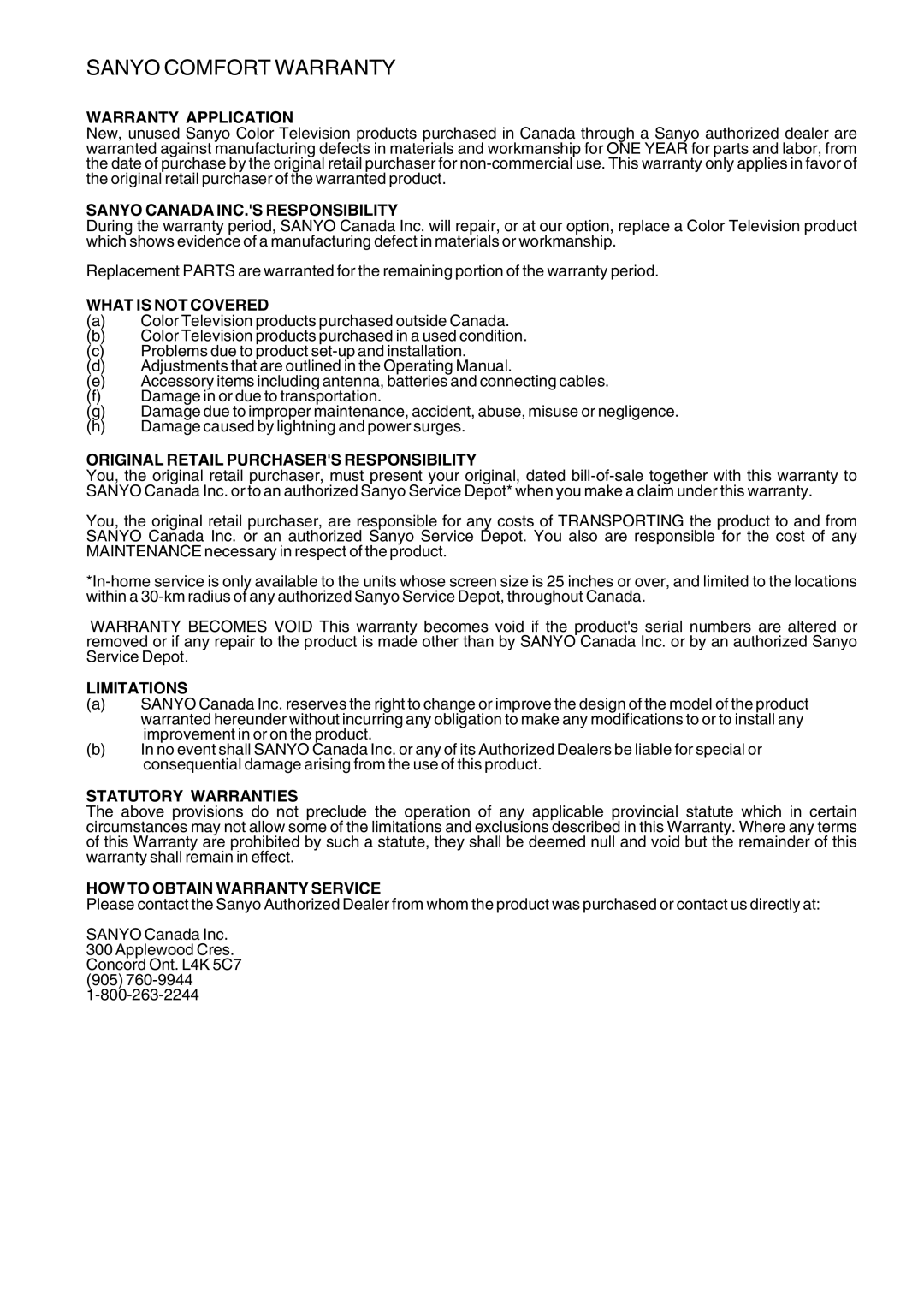 Sanyo AVL-209 instruction manual Sanyo Comfort Warranty 