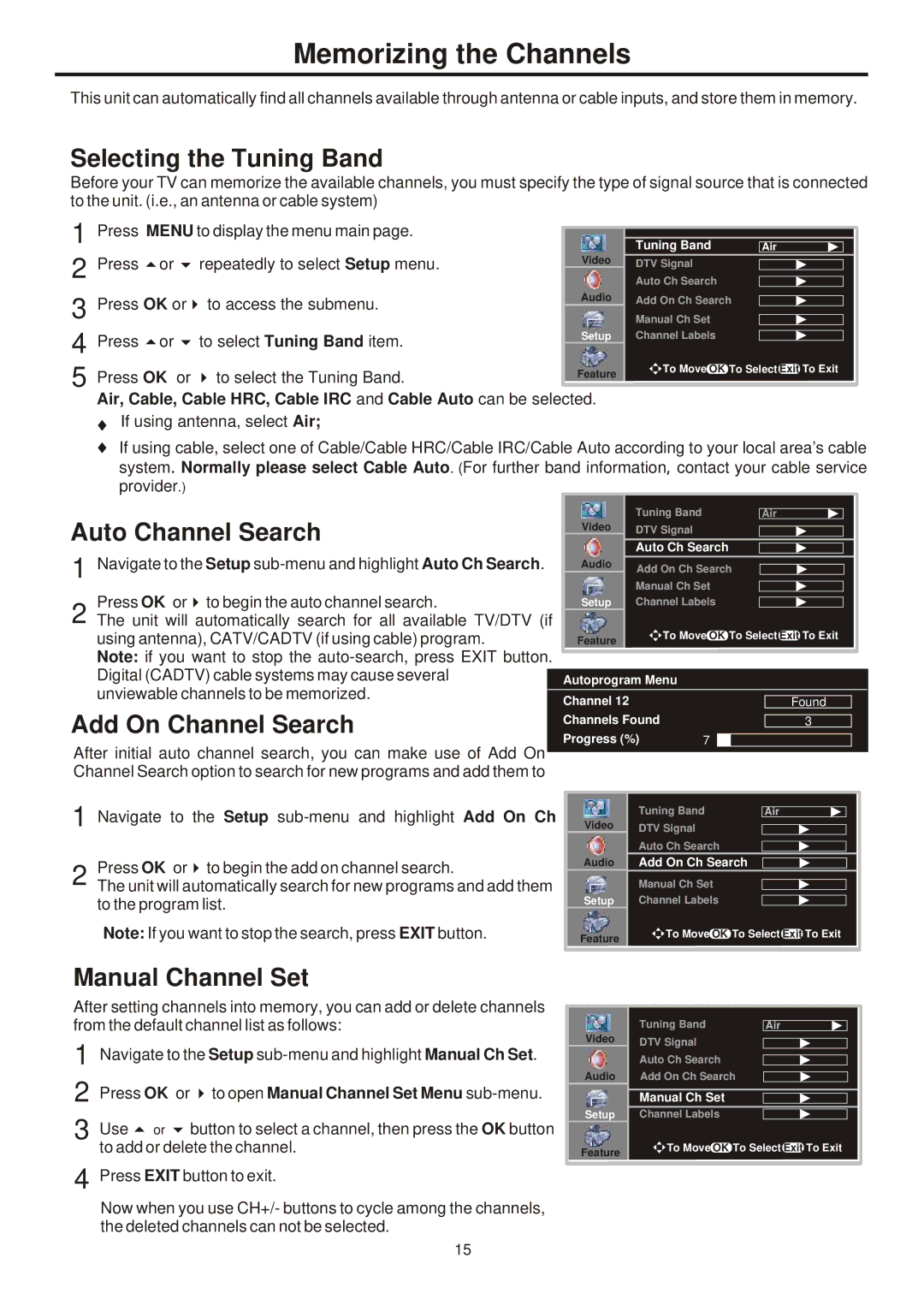 Sanyo 263, AVL-261, 323, 321 Memorizing the Channels, Selecting the Tuning Band, Auto Channel Search, Add On Channel Search 