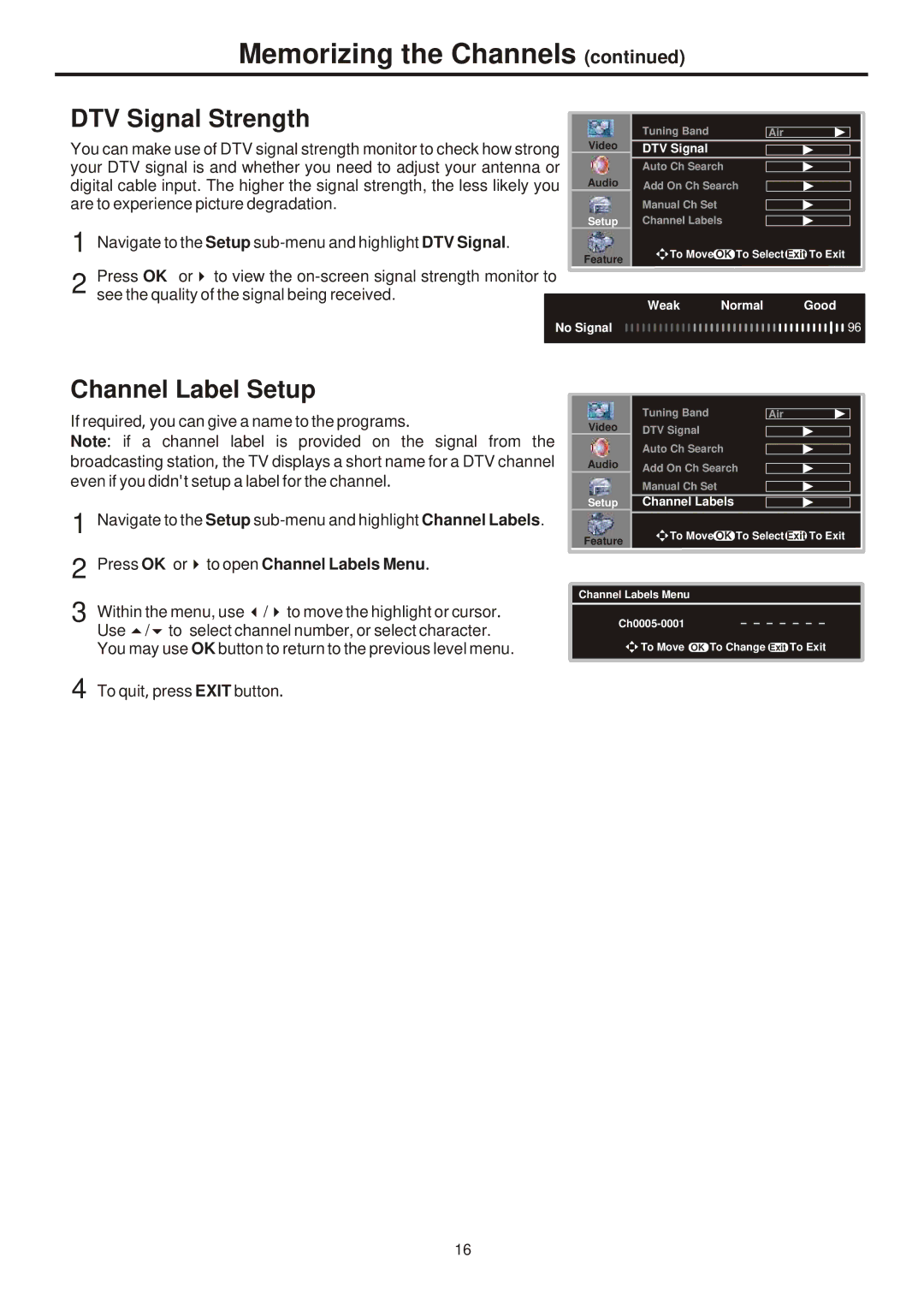 Sanyo 323, AVL-261, 263, 321 DTV Signal Strength, Channel Label Setup, Press OK or4to open Channel Labels Menu 