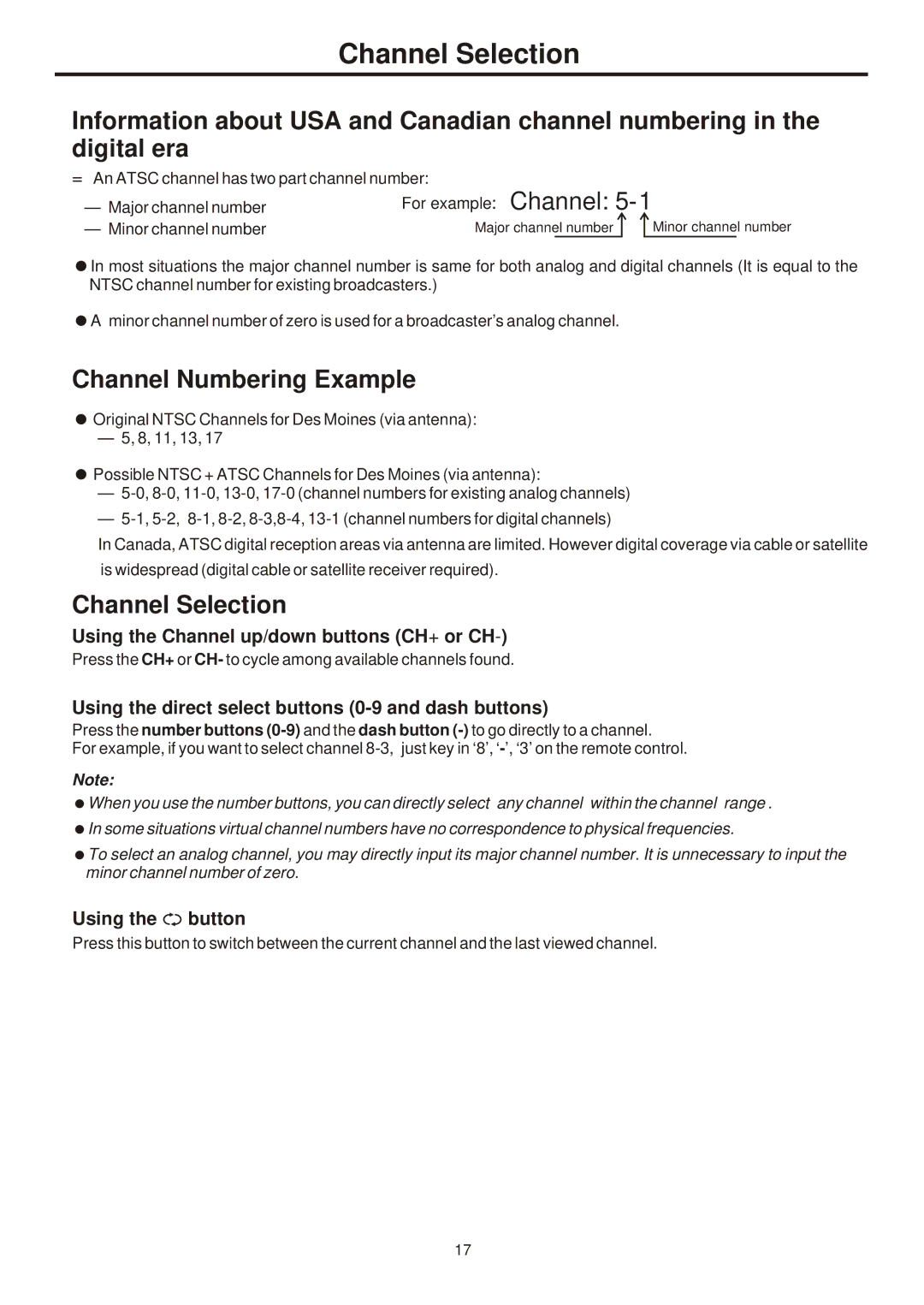 Sanyo 321, AVL-261, 263, 323 instruction manual Channel Selection, Channel Numbering Example 