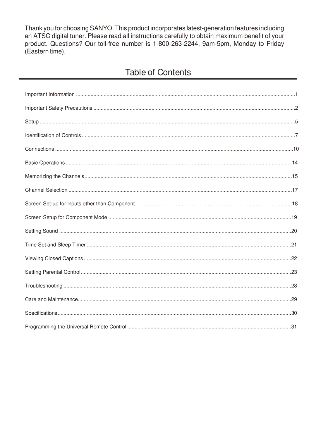 Sanyo 323, AVL-261, 263, 321 instruction manual Table of Contents 