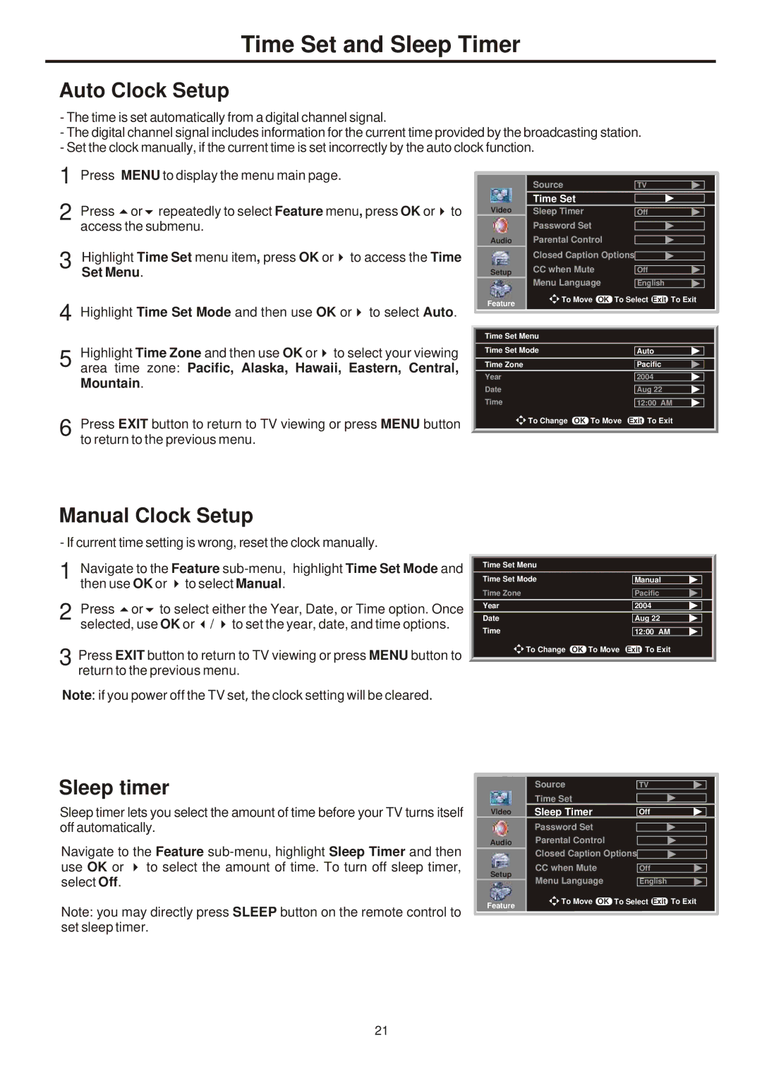 Sanyo 321, AVL-261, 263, 323 Time Set and Sleep Timer, Auto Clock Setup, Manual Clock Setup, Sleep timer, Set Menu 