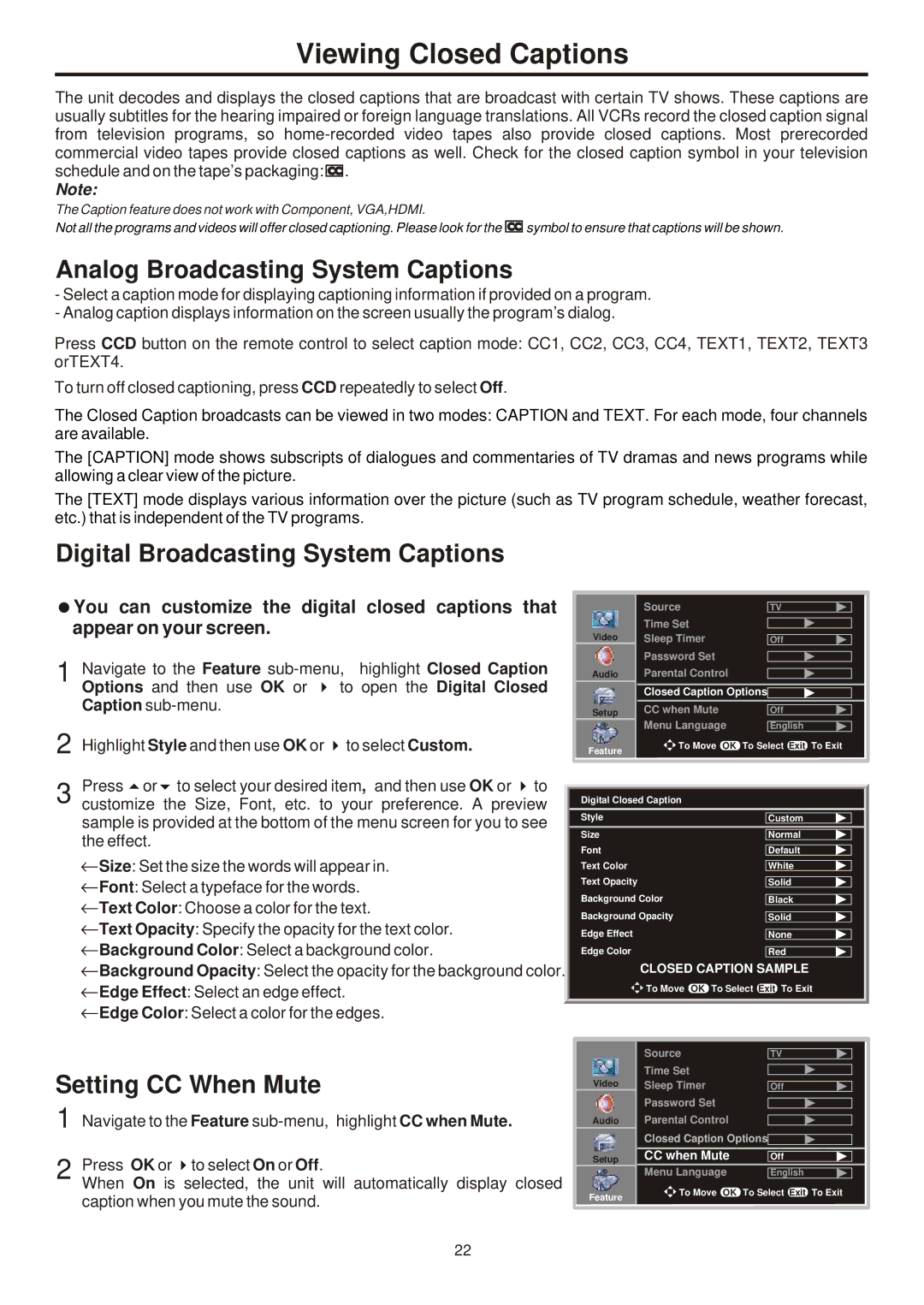 Sanyo AVL-261, 263, 323 Viewing Closed Captions, Analog Broadcasting System Captions, Digital Broadcasting System Captions 