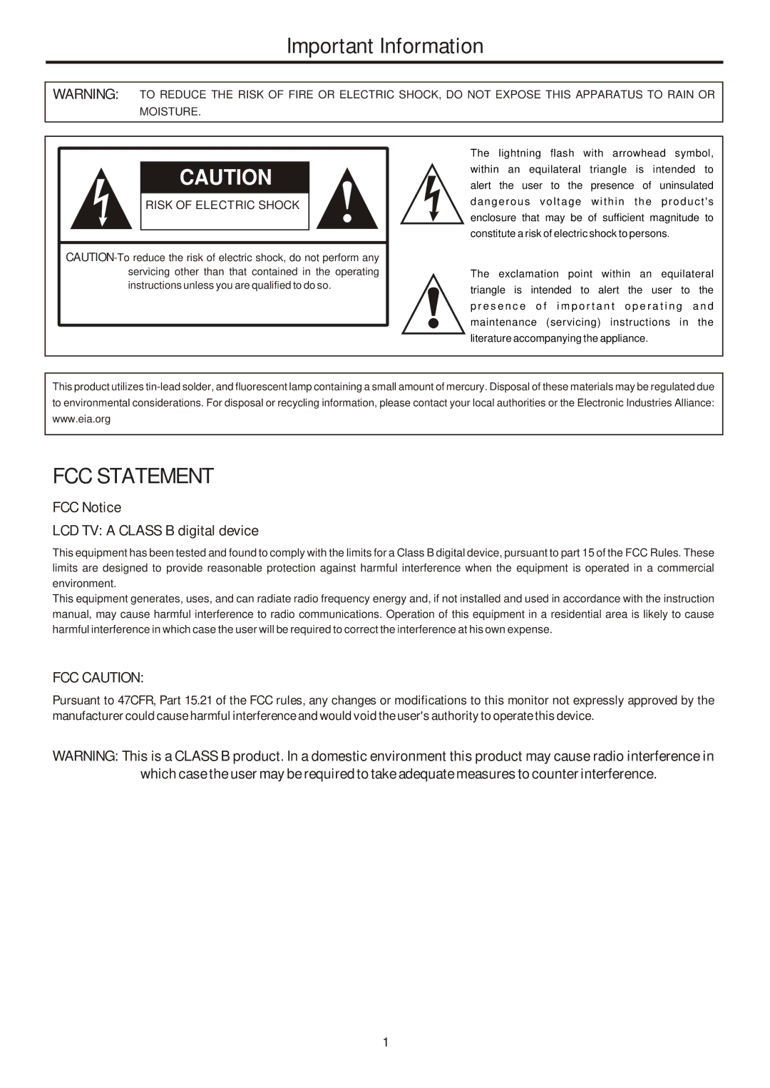 Sanyo 321, AVL-261, 263, 323 instruction manual Important Information, FCC Notice LCD TV a Class B digital device 