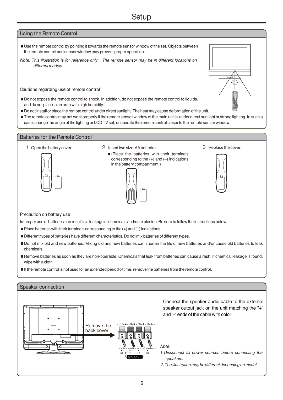 Sanyo 321, AVL-261, 263, 323 instruction manual Setup, Using the Remote Control, Speaker connection, Precaution on battery use 