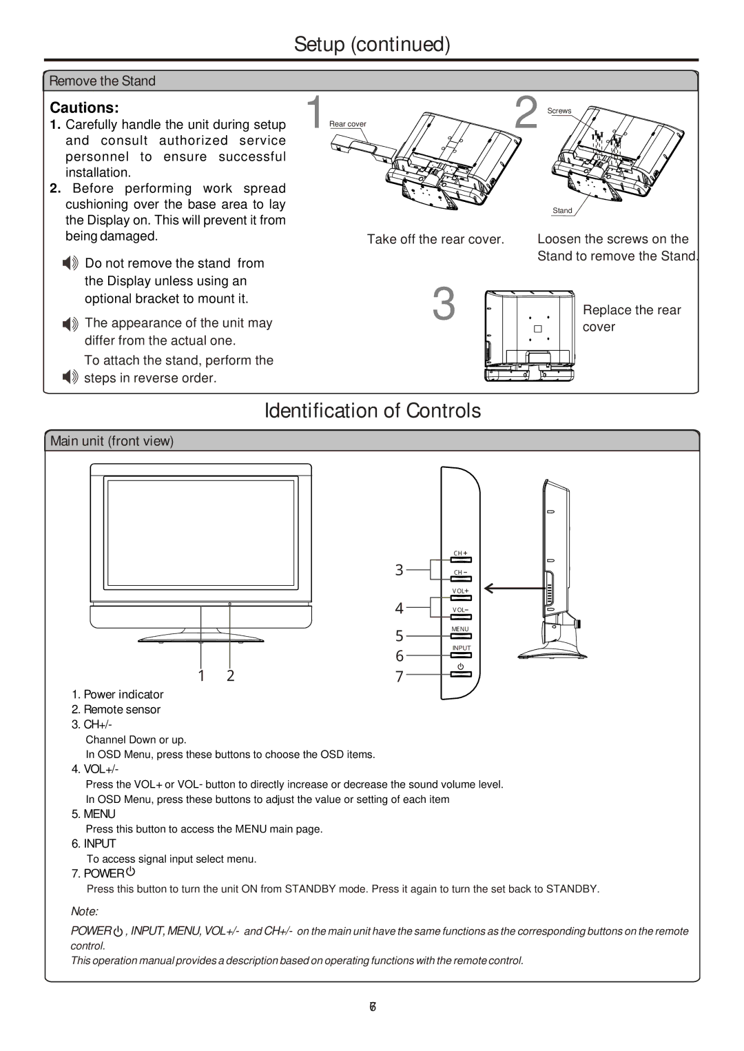 Sanyo 263, AVL-261, 323, 321 instruction manual Remove the Stand, Main unit front view 