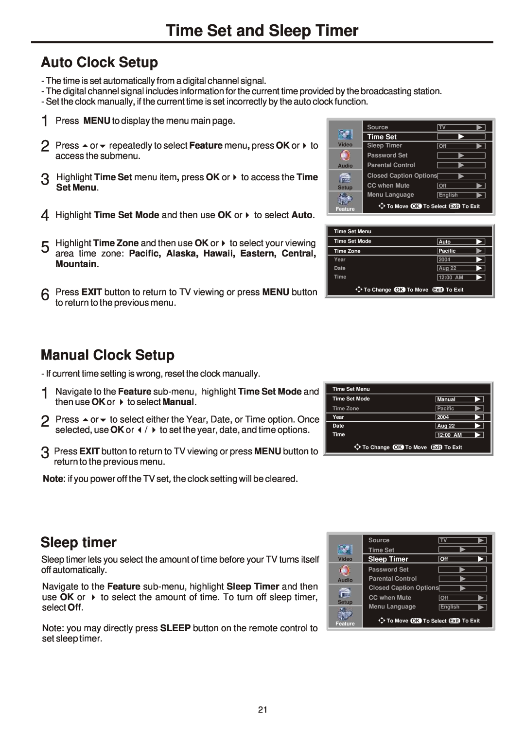 Sanyo 321, AVL-261, 263, 323 instruction manual Time Set and Sleep Timer, Auto Clock Setup, Manual Clock Setup, Sleep timer 