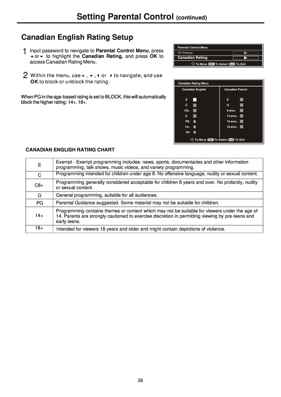Sanyo AVL-261, 263, 323, 321 instruction manual Setting Parental Control continued, Canadian English Rating Setup 