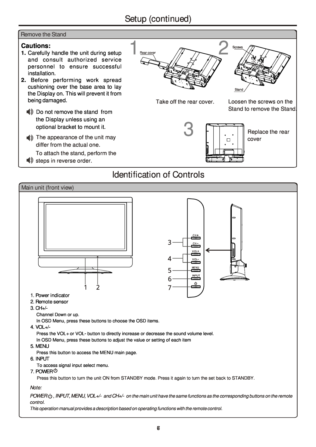 Sanyo 263, AVL-261, 323, 321 instruction manual Setup continued, Remove the Stand, Main unit front view, Cautions 
