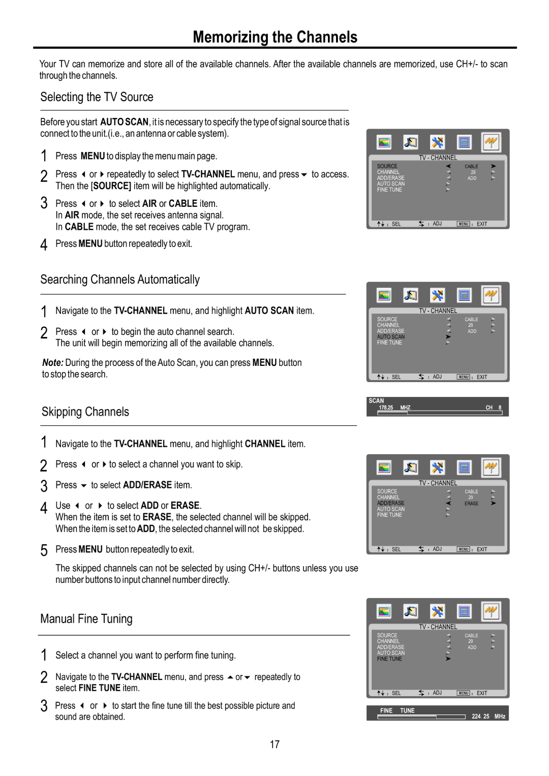 Sanyo AVL-3210 manual Memorizing the Channels, Selecting the TV Source, Searching Channels Automatically, Skipping Channels 