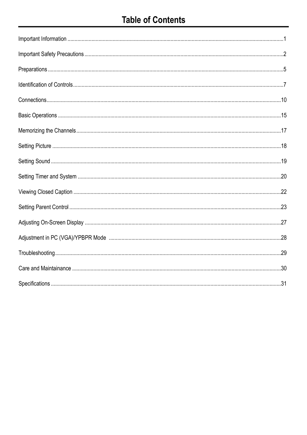 Sanyo AVL-2610, AVL-3210 manual Table of Contents 