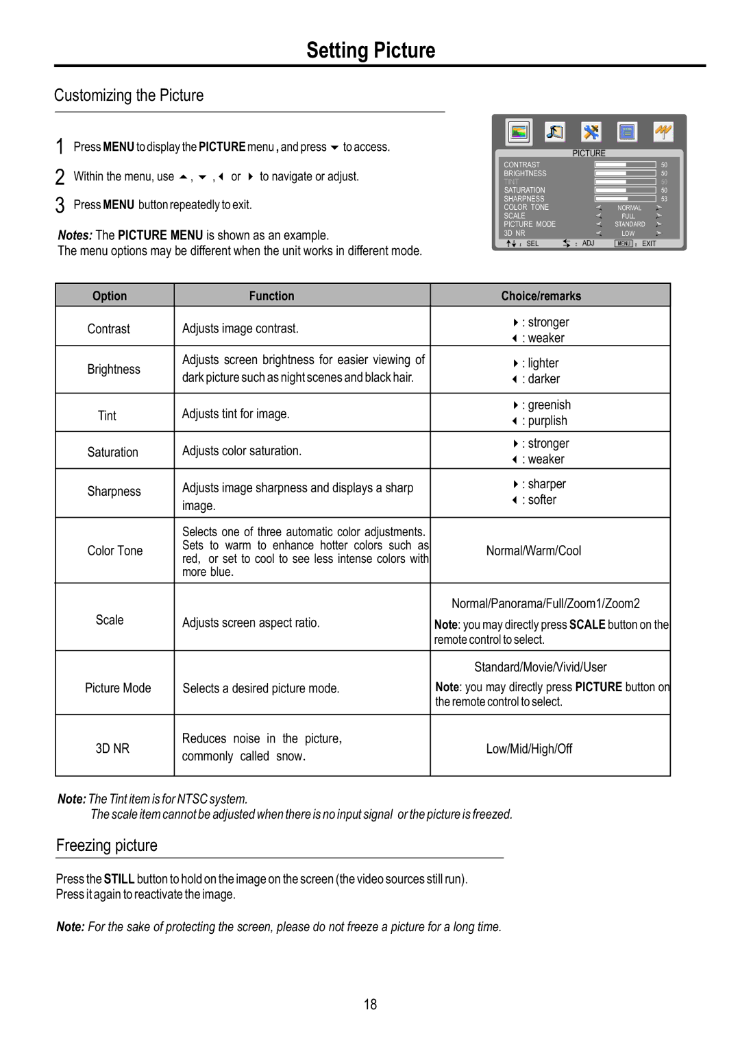 Sanyo AVL-2610, AVL-3210 manual Setting Picture, Customizing the Picture, Freezing picture 