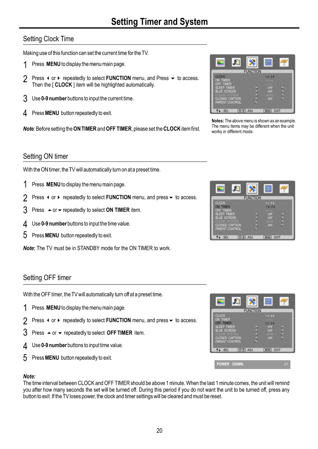 Sanyo AVL-2610, AVL-3210 manual Setting Timer and System, Setting Clock Time, Setting on timer, Setting OFF timer 