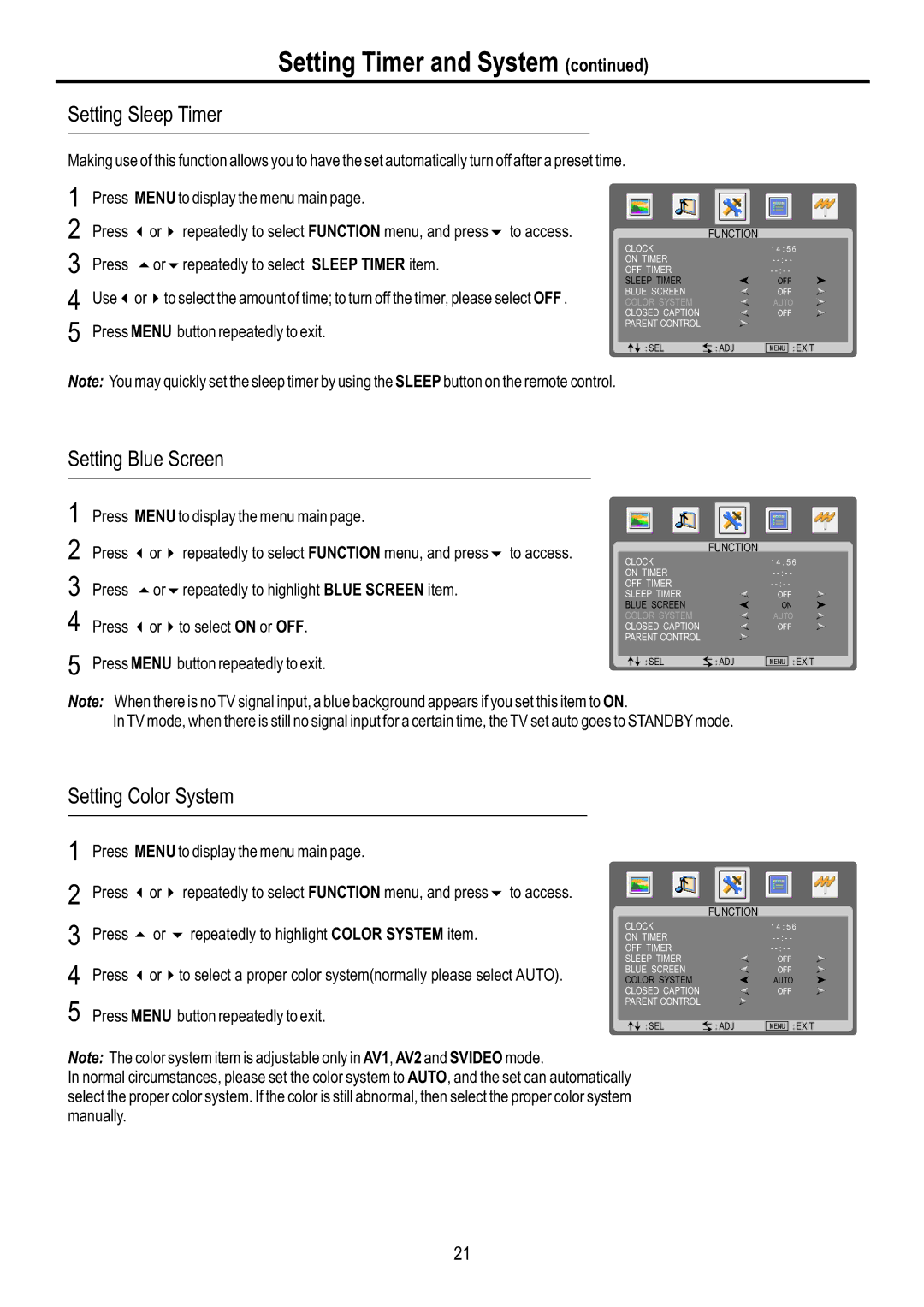 Sanyo AVL-3210, AVL-2610 manual Setting Sleep Timer, Setting Blue Screen, Setting Color System 