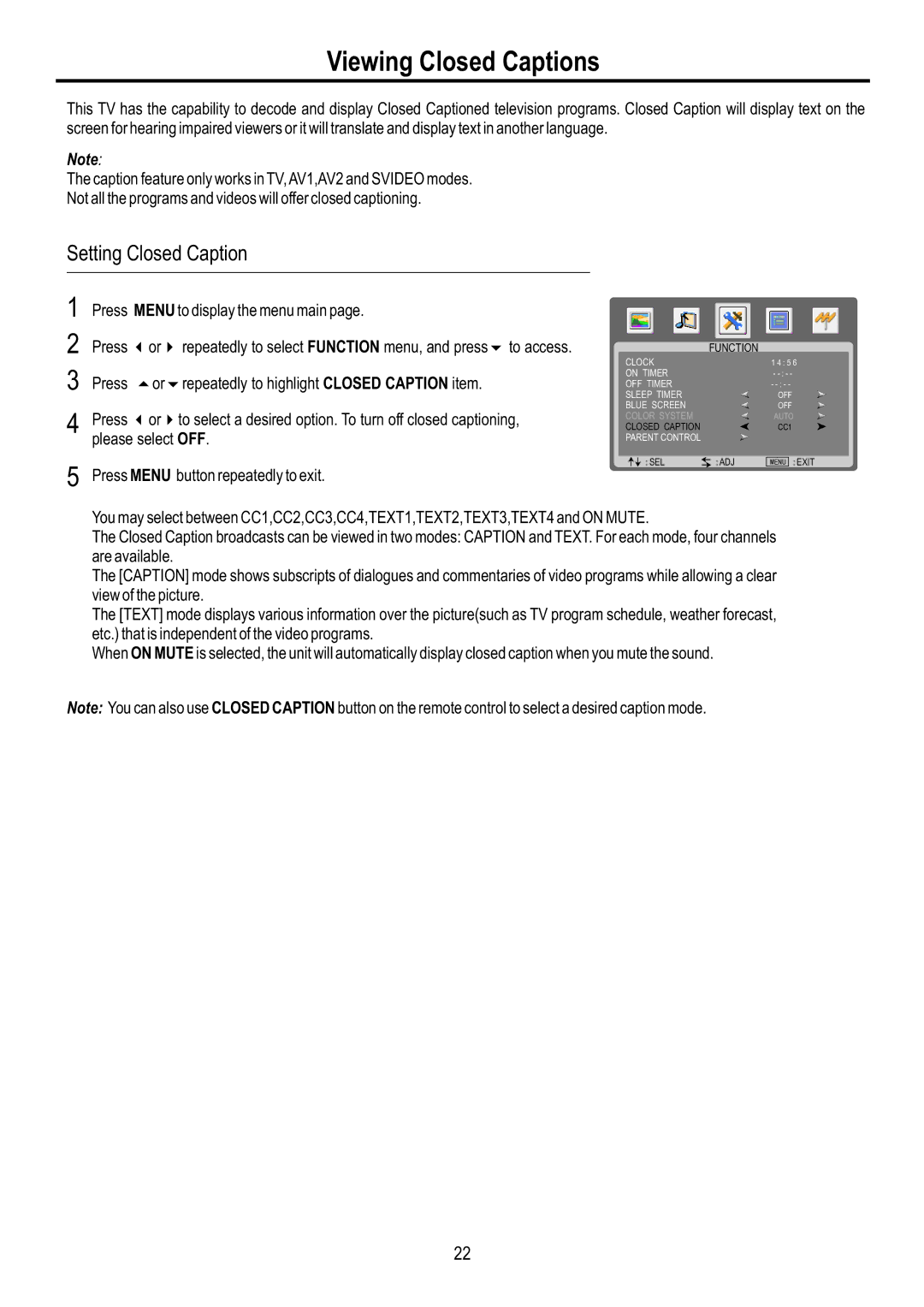 Sanyo AVL-2610 Viewing Closed Captions, Setting Closed Caption, Press 5or6repeatedly to highlight Closed Caption item 