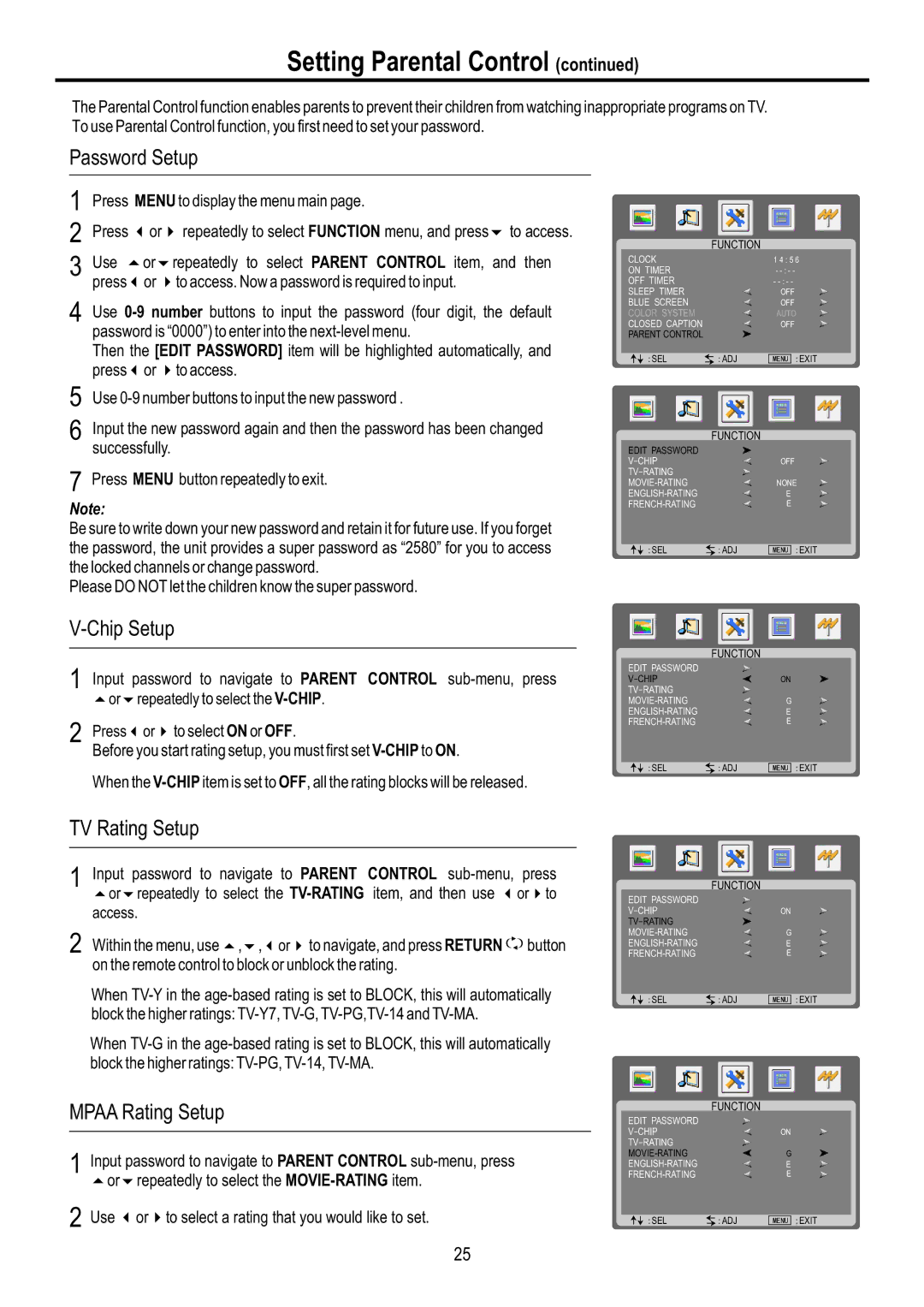 Sanyo AVL-3210, AVL-2610 manual Password Setup, Chip Setup, TV Rating Setup, Mpaa Rating Setup 