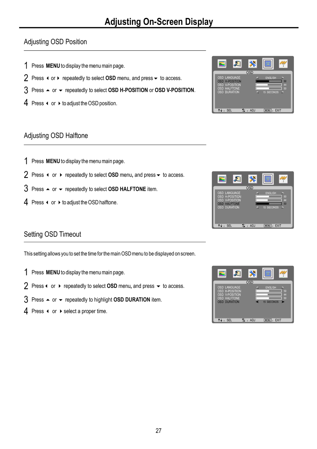 Sanyo AVL-3210, AVL-2610 Adjusting On-Screen Display, Adjusting OSD Position, Adjusting OSD Halftone, Setting OSD Timeout 