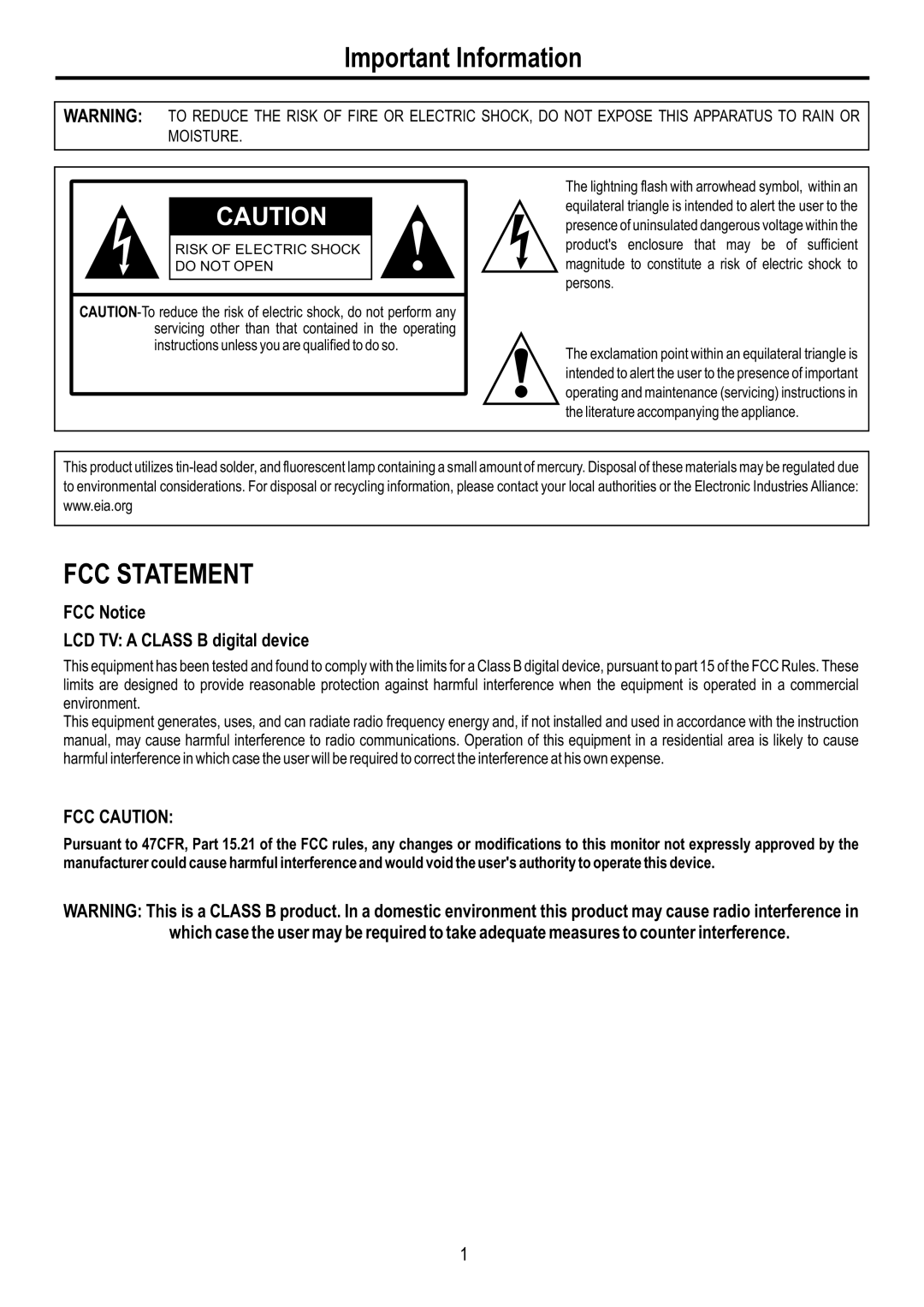 Sanyo AVL-3210, AVL-2610 manual Important Information, FCC Notice LCD TV a Class B digital device 