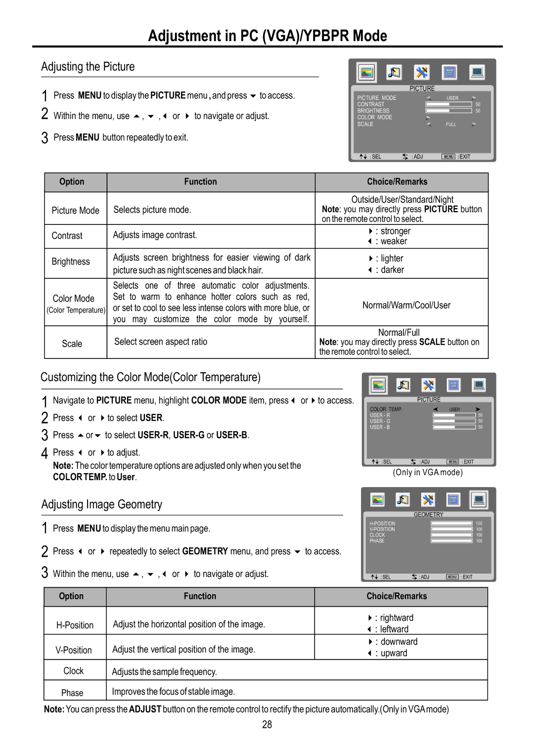 Sanyo AVL-2610 manual Adjustment in PC VGA/YPBPR Mode, Adjusting the Picture, Customizing the Color ModeColor Temperature 