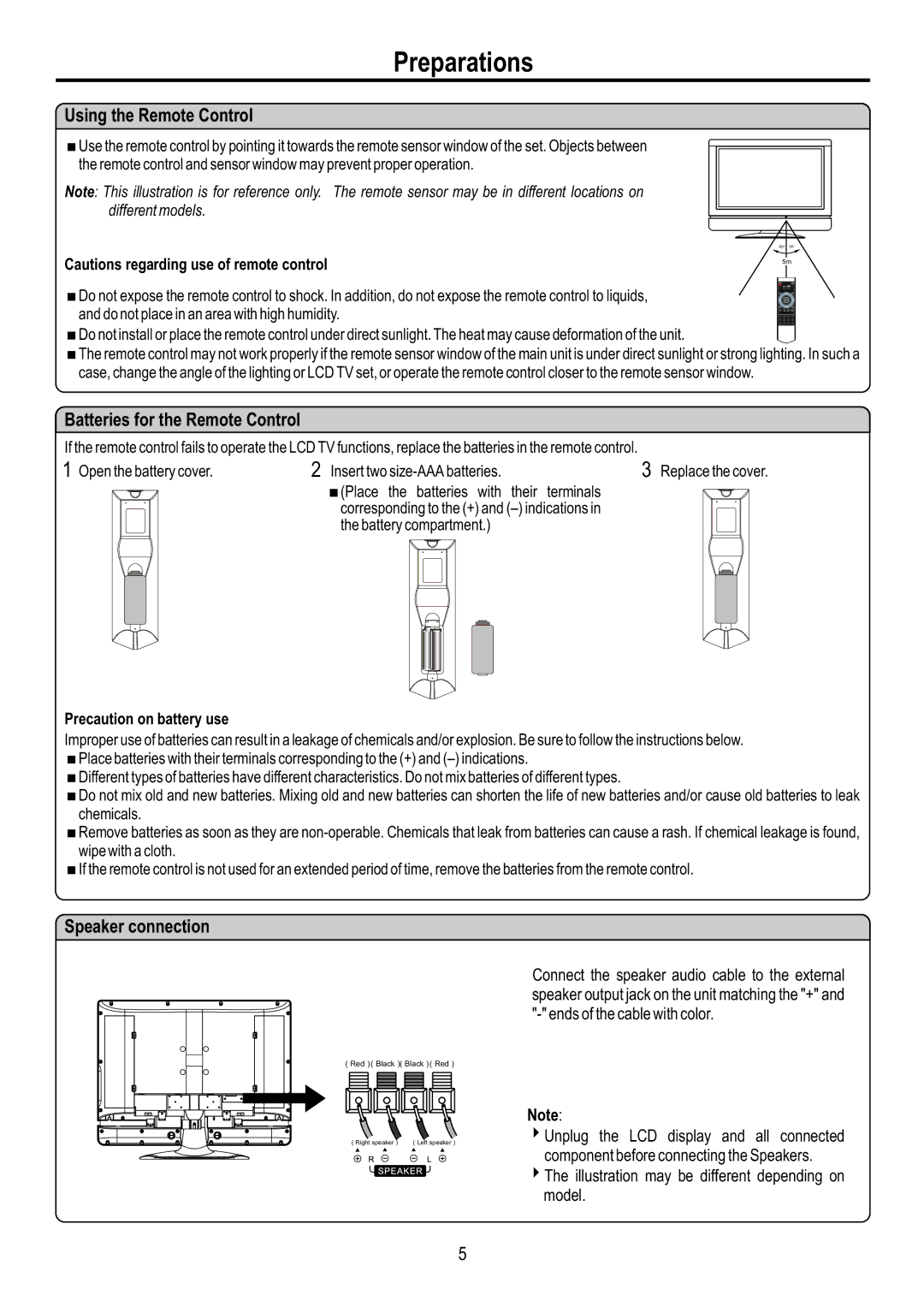 Sanyo AVL-3210, AVL-2610 manual Preparations, Using the Remote Control, Batteries for the Remote Control, Speaker connection 