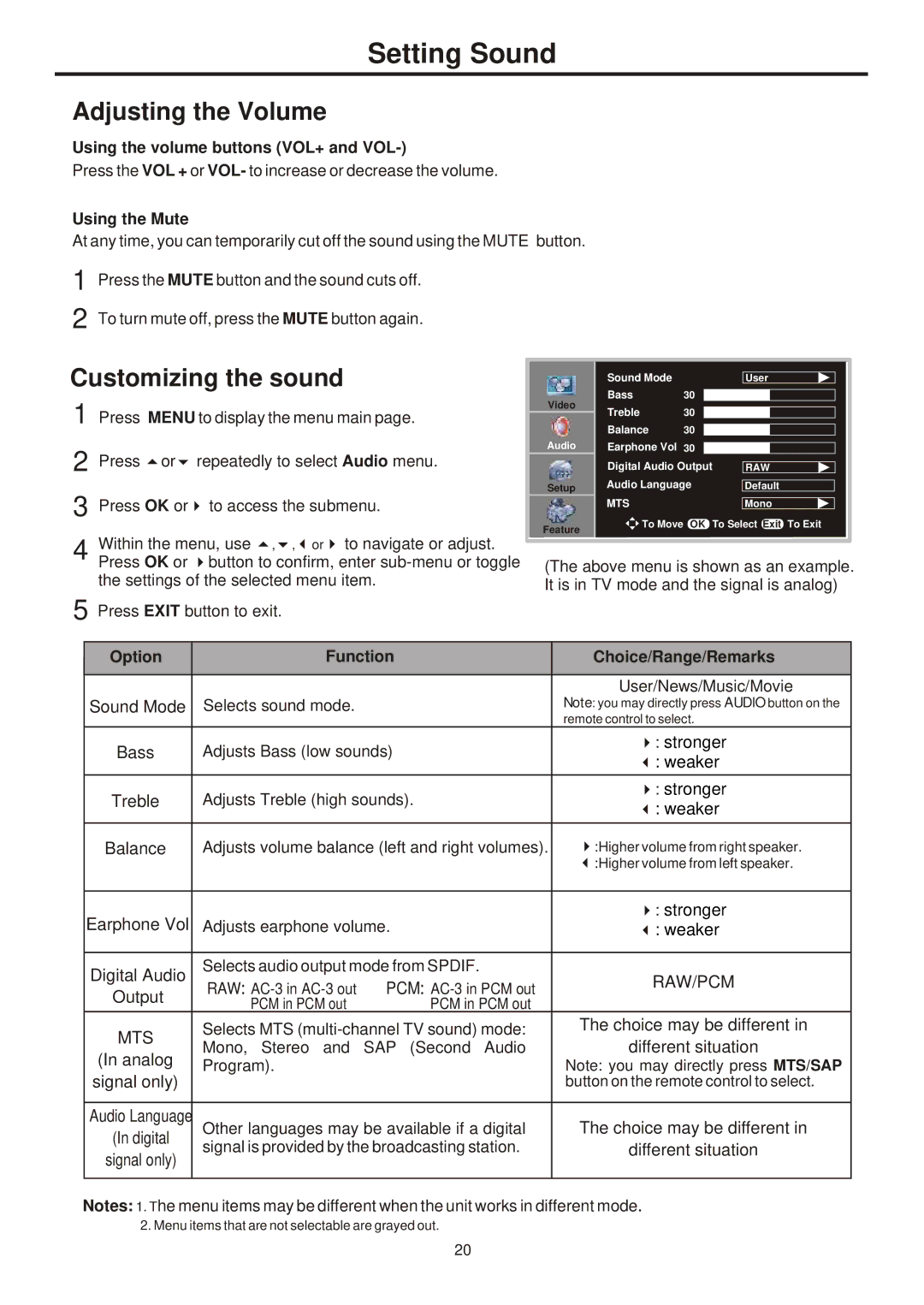 Sanyo AVL-323, AVL-263, AVL-321 instruction manual Setting Sound, Adjusting the Volume, Customizing the sound 