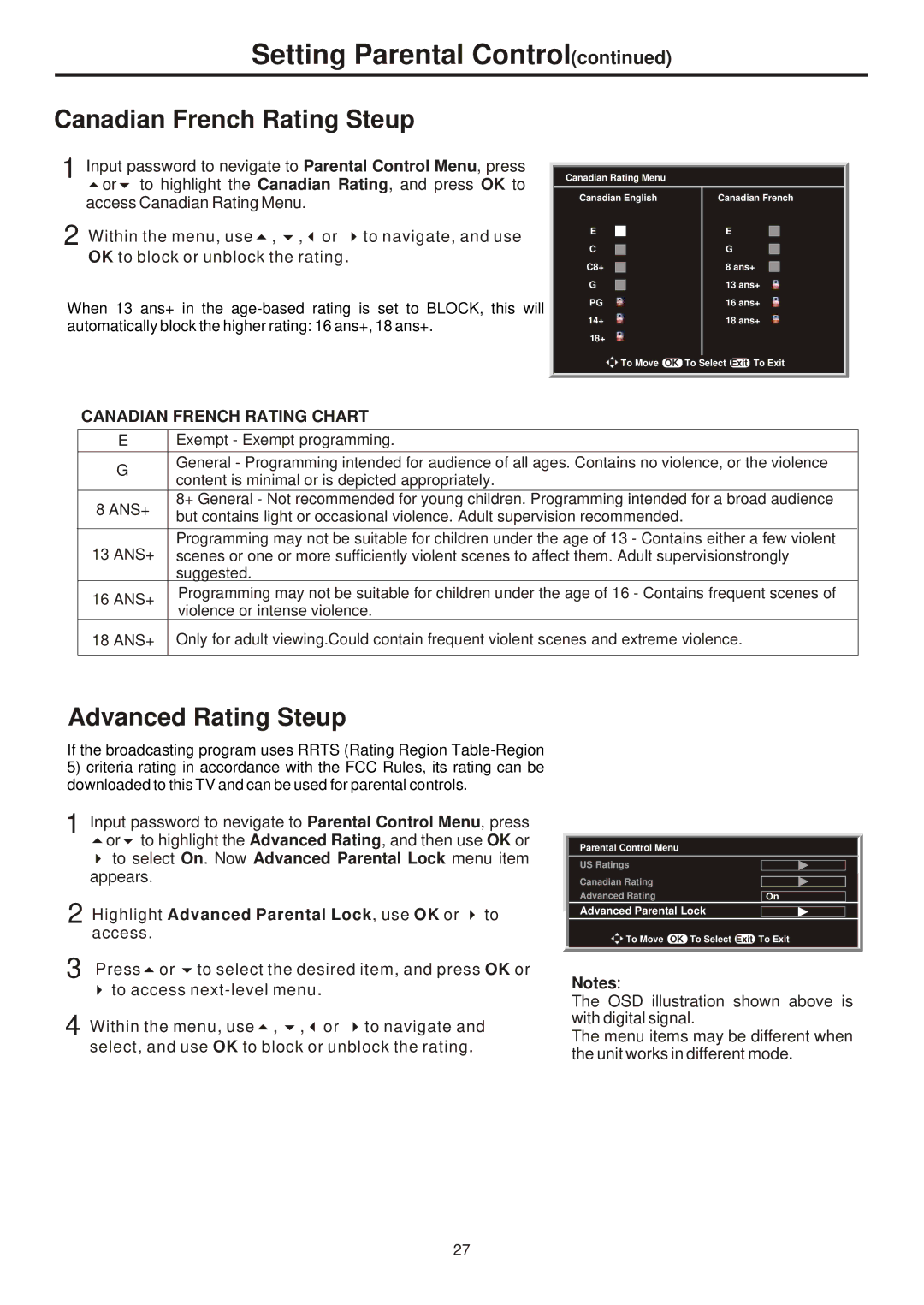 Sanyo AVL-321 Canadian French Rating Steup, Advanced Rating Steup, Highlight Advanced Parental Lock, use OK or 4 to access 