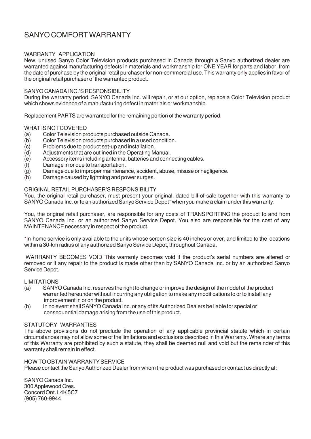 Sanyo AVL-323, AVL-263, AVL-321 instruction manual Sanyo Comfort Warranty 